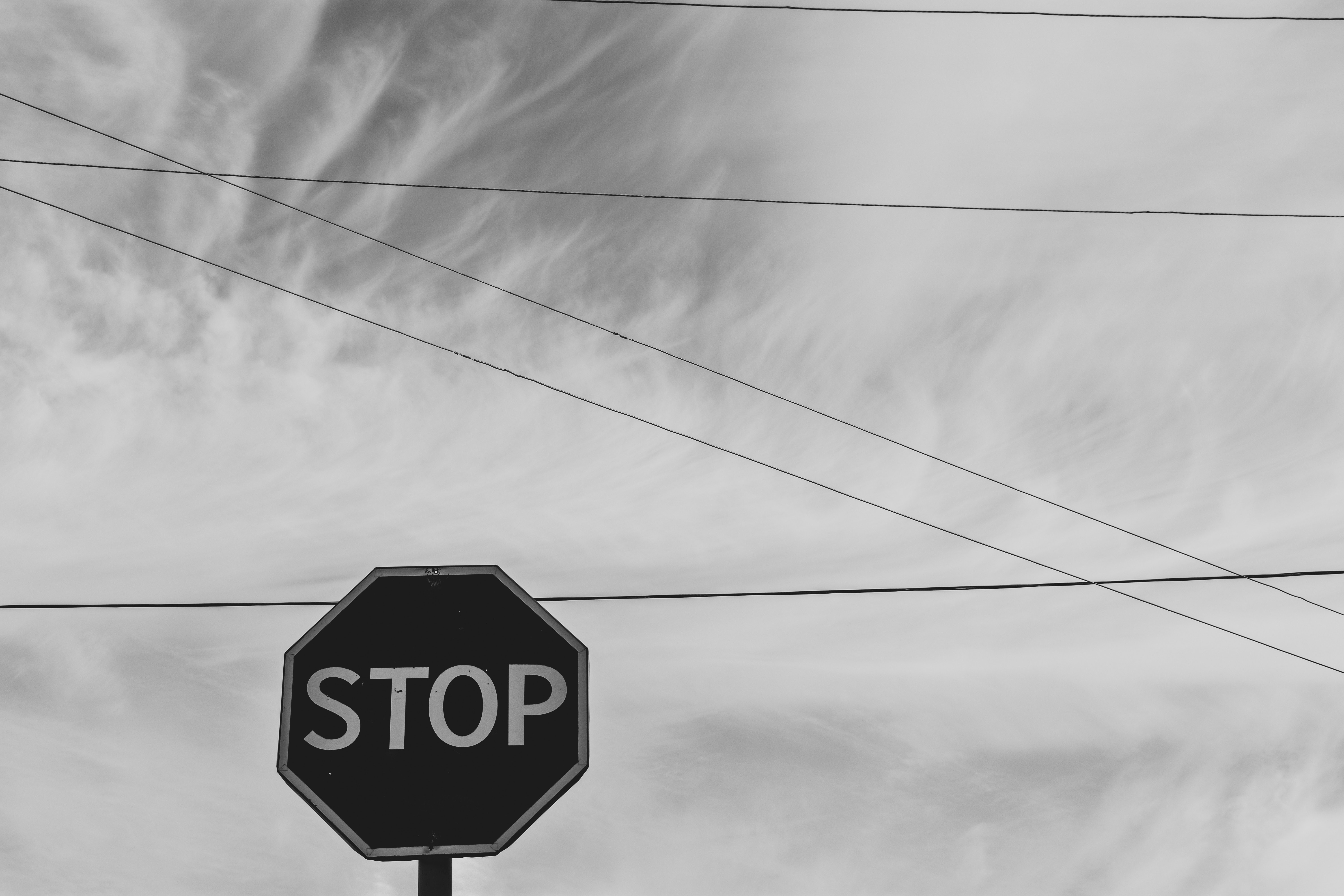 wires, stop, sky, words, bw, chb, sign, wire