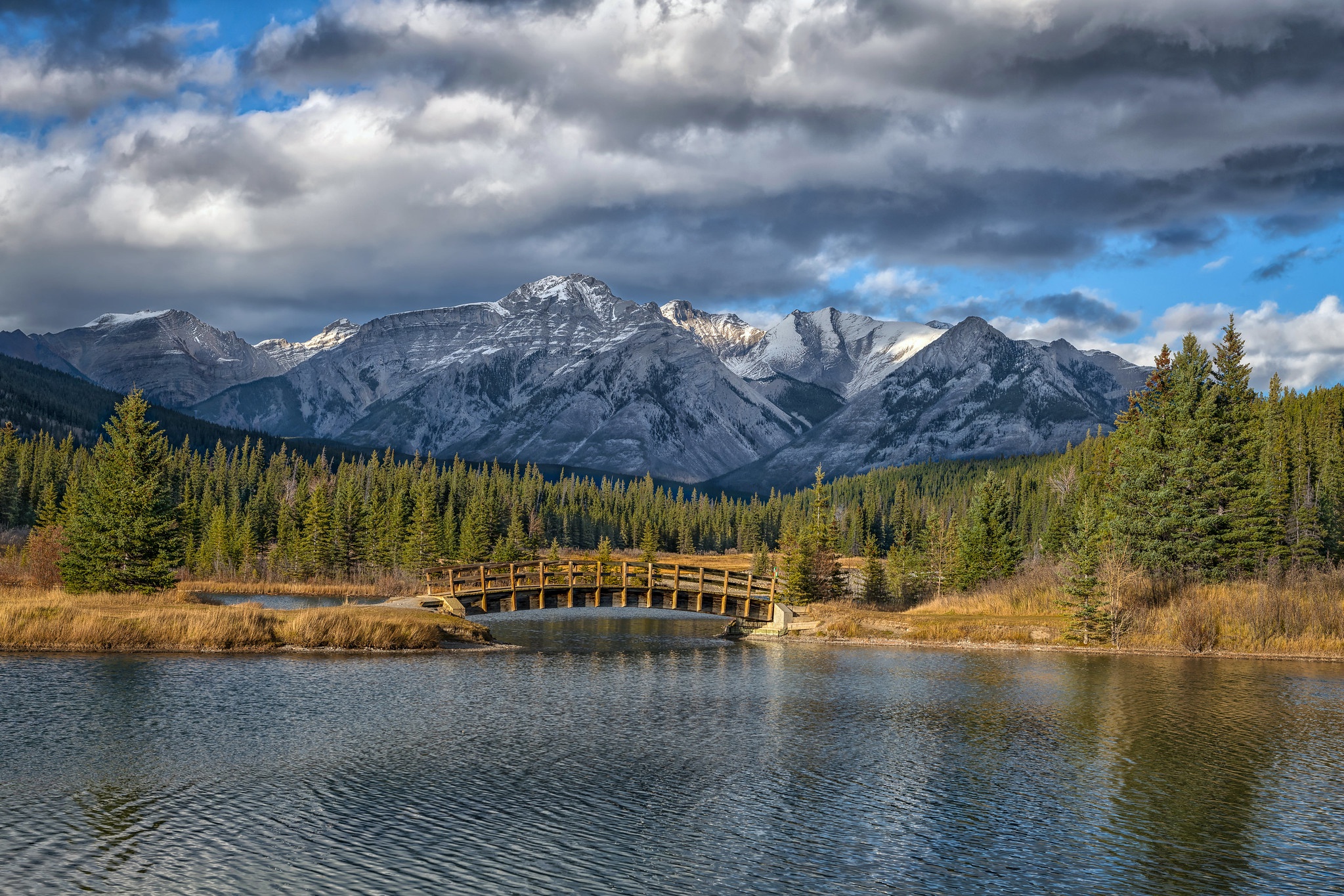 earth, banff national park, alberta, bridge, canada, forest, lake, mountain, rocky mountains, national park HD wallpaper