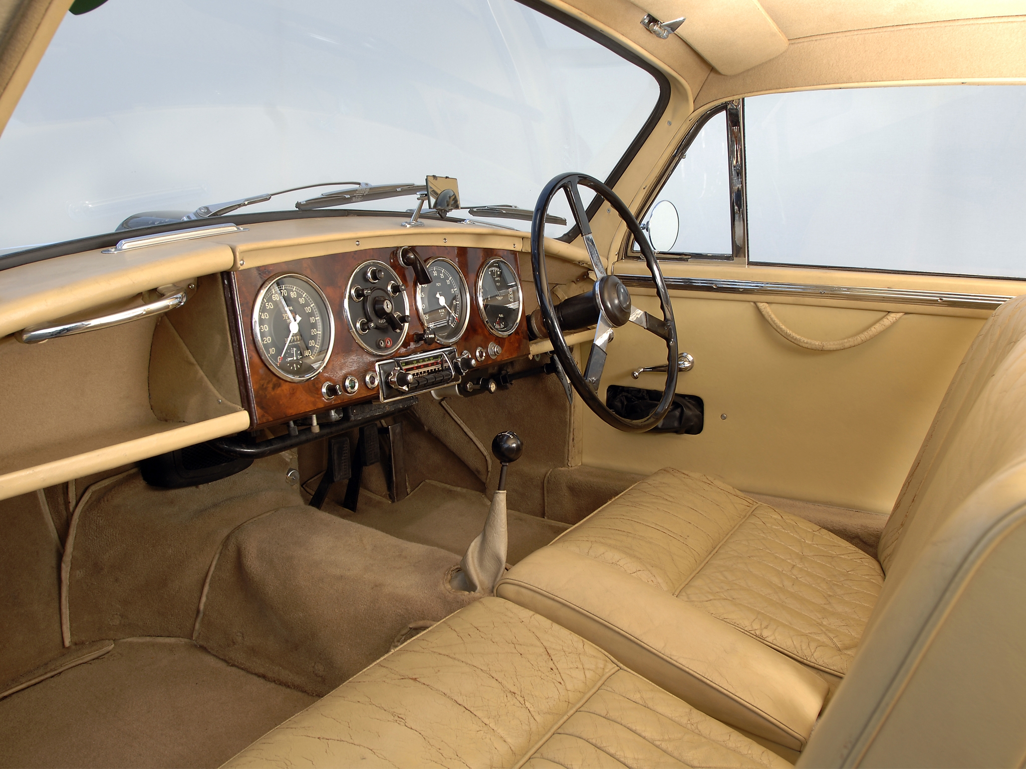 cars, salon, interior, aston martin, retro, steering wheel, rudder, speedometer, beige, 1950