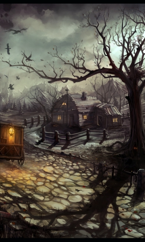 Download mobile wallpaper Night, Dark, Tree, House, Creepy, Crow, Windmill, Haunted for free.