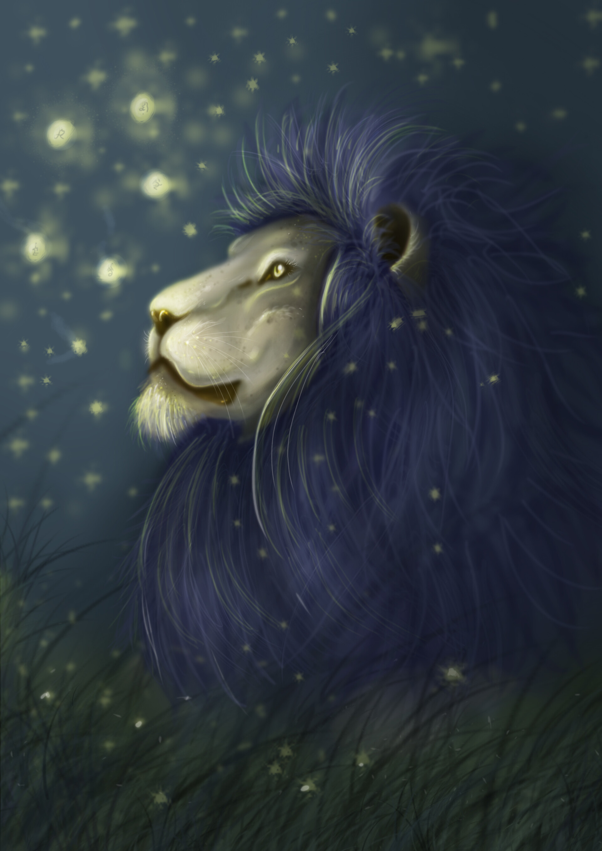 Download mobile wallpaper Grass, Sight, Opinion, Glare, Lion, Art for free.