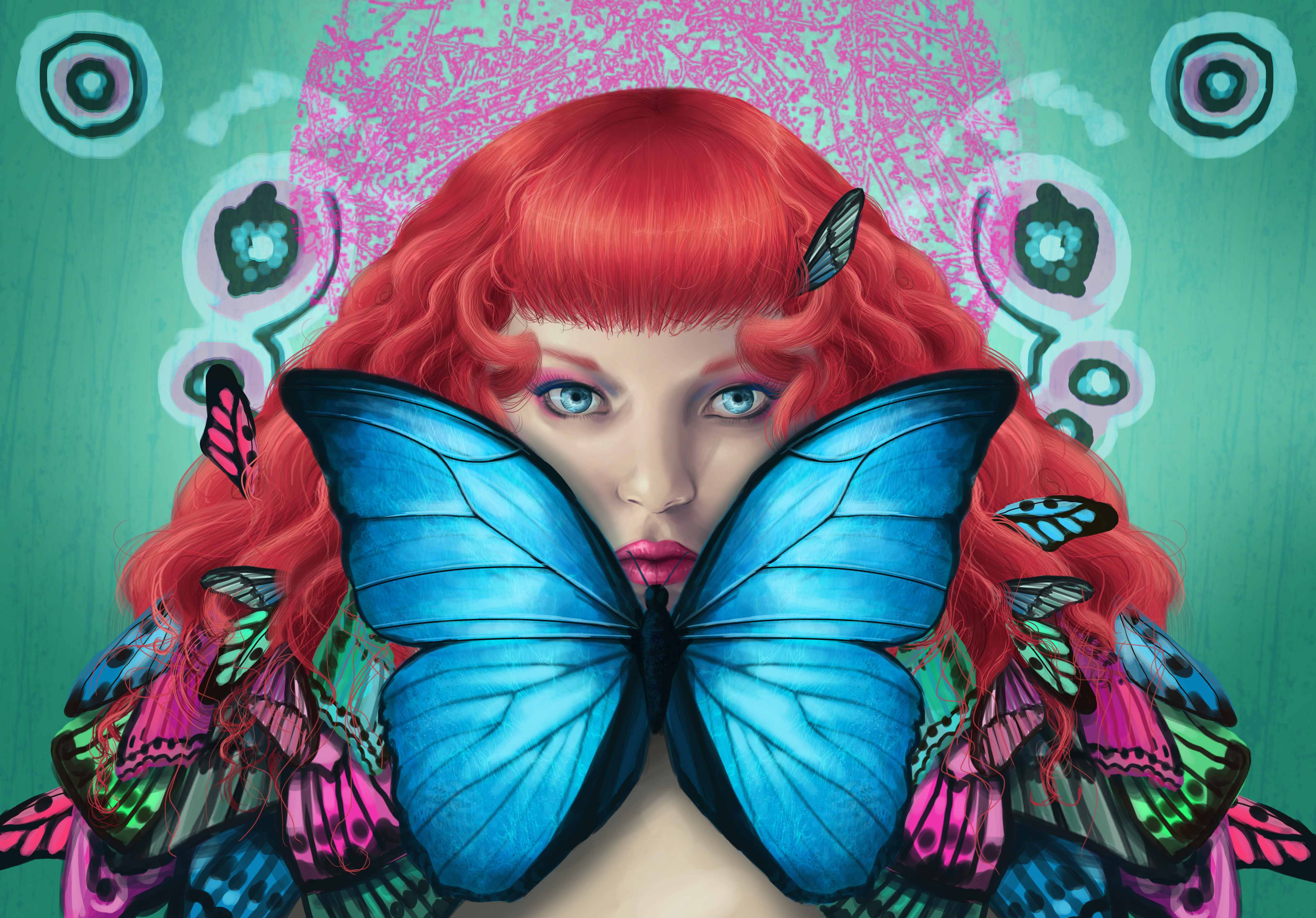 Download mobile wallpaper Colors, Butterfly, Colorful, Artistic, Women, Blue Eyes, Red Hair for free.