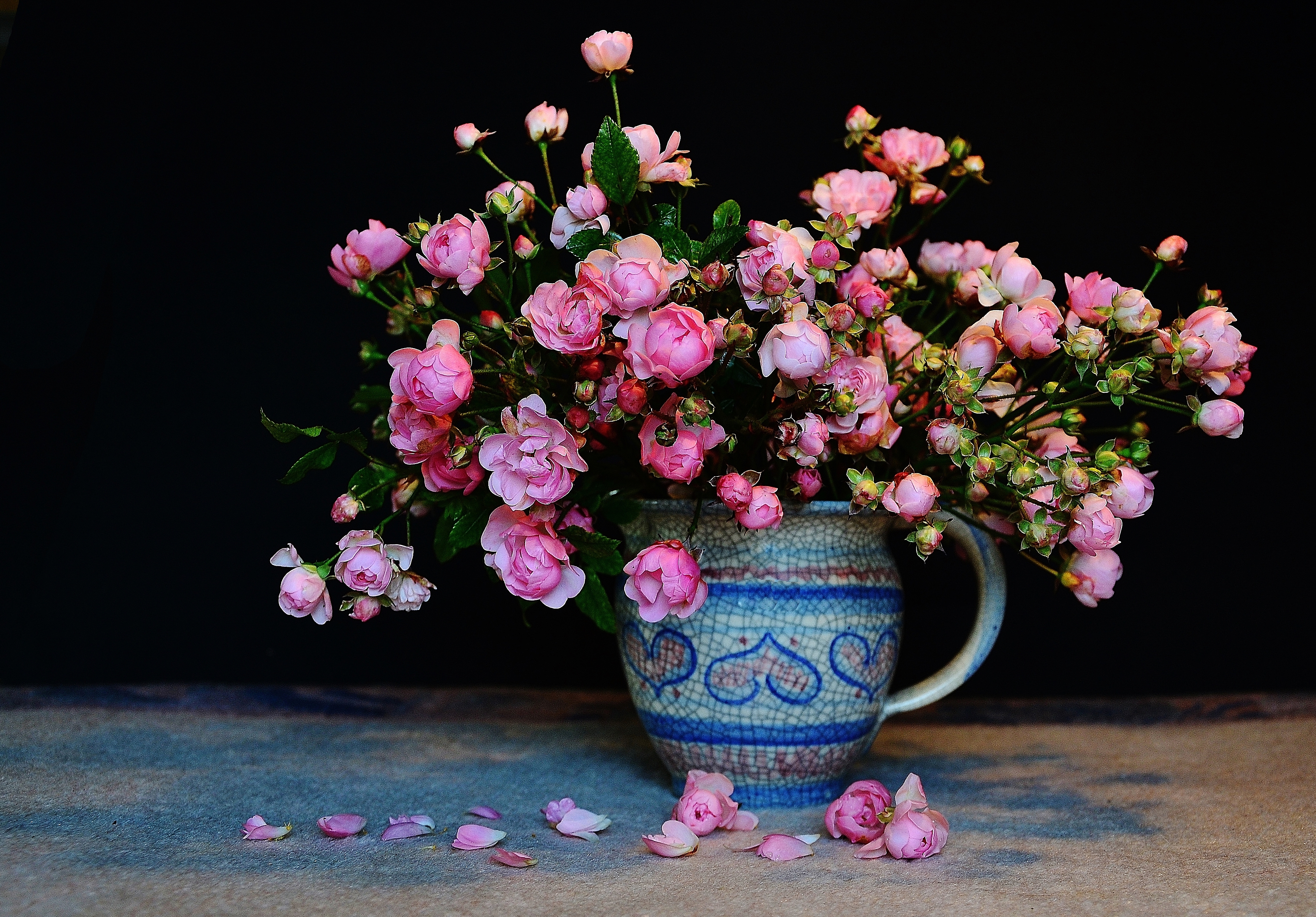 PCデスクトップに静物, 花, 薔薇, 花弁, マンメイド, ピンクの花, ピッチャー画像を無料でダウンロード