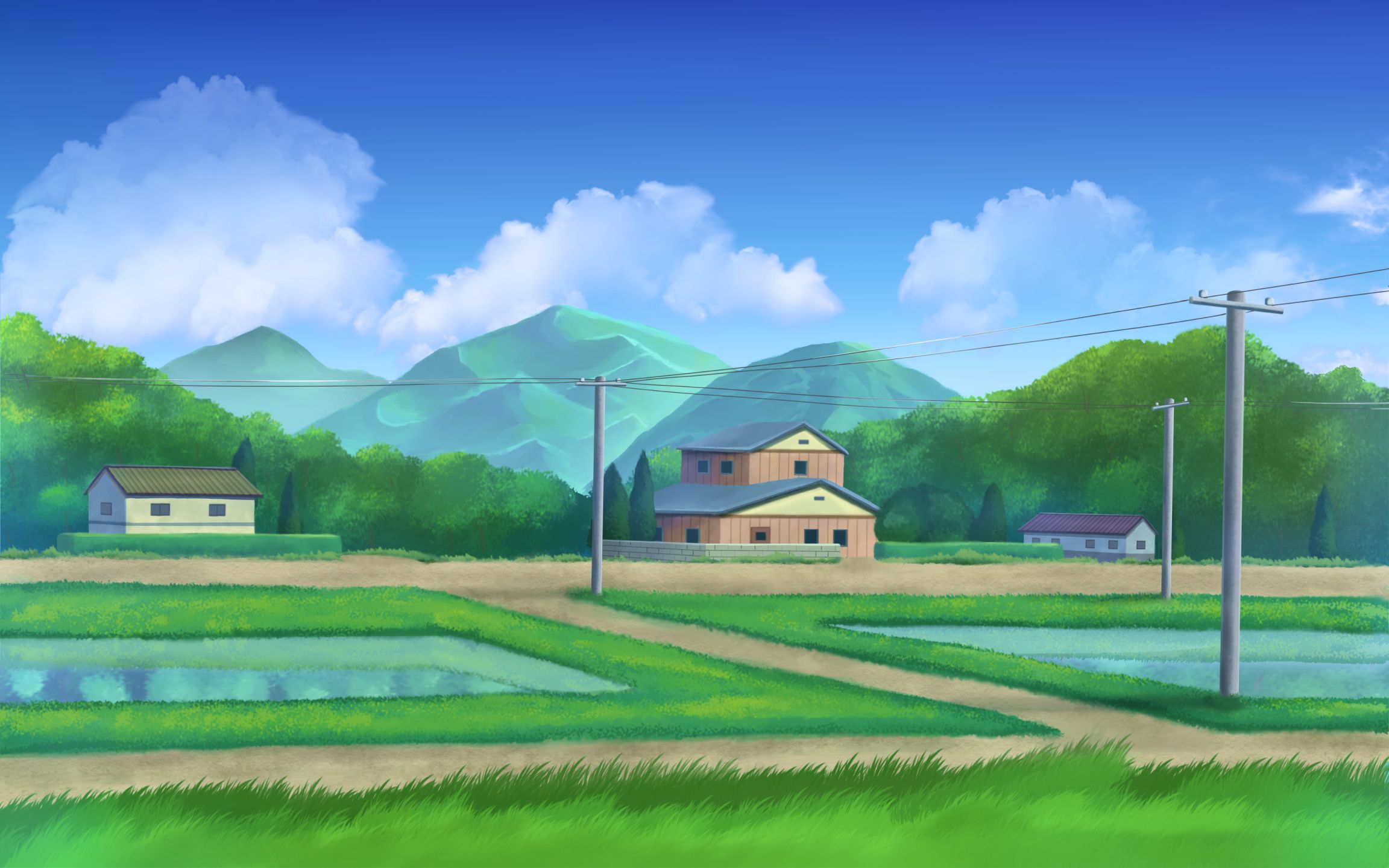 Free download wallpaper Anime, Water, Sky, Building, Mountain, House, Cloud, Original, Greenery on your PC desktop