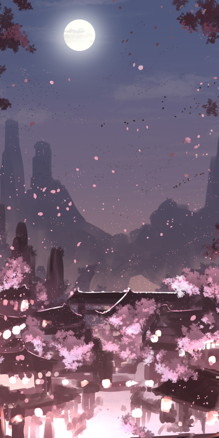 Download mobile wallpaper Anime, Moon, Cherry Blossom, Original for free.