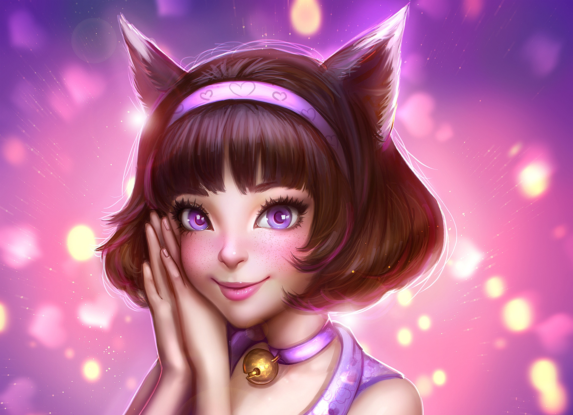 Free download wallpaper Fantasy, Smile, Face, Women, Brown Hair, Short Hair, Purple Eyes, Cat Girl, Animal Ears on your PC desktop