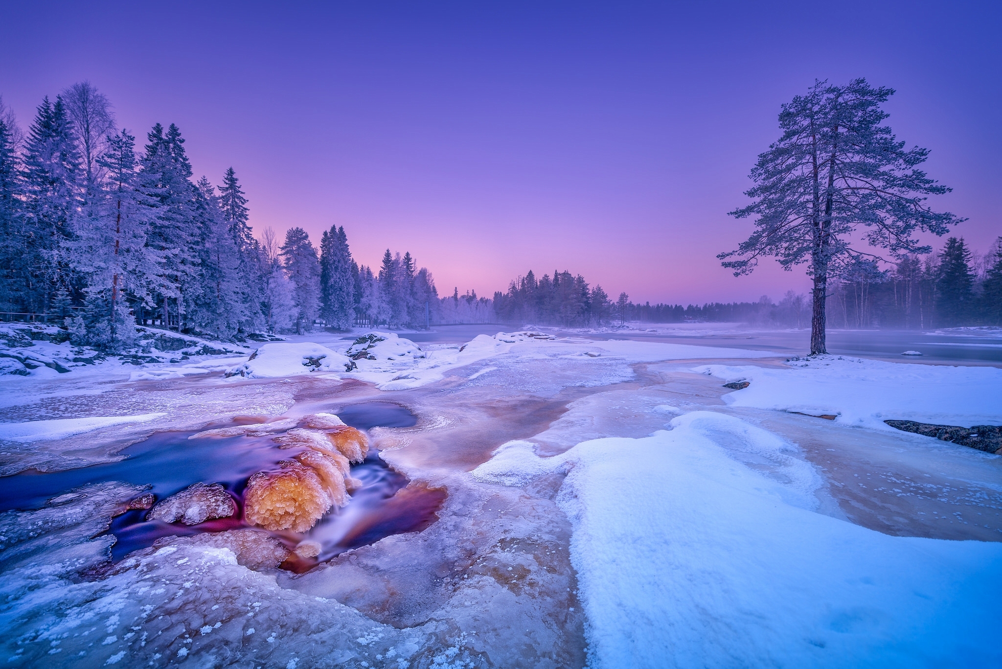 Download mobile wallpaper Landscape, Winter, Snow, Tree, Earth, Field, River for free.