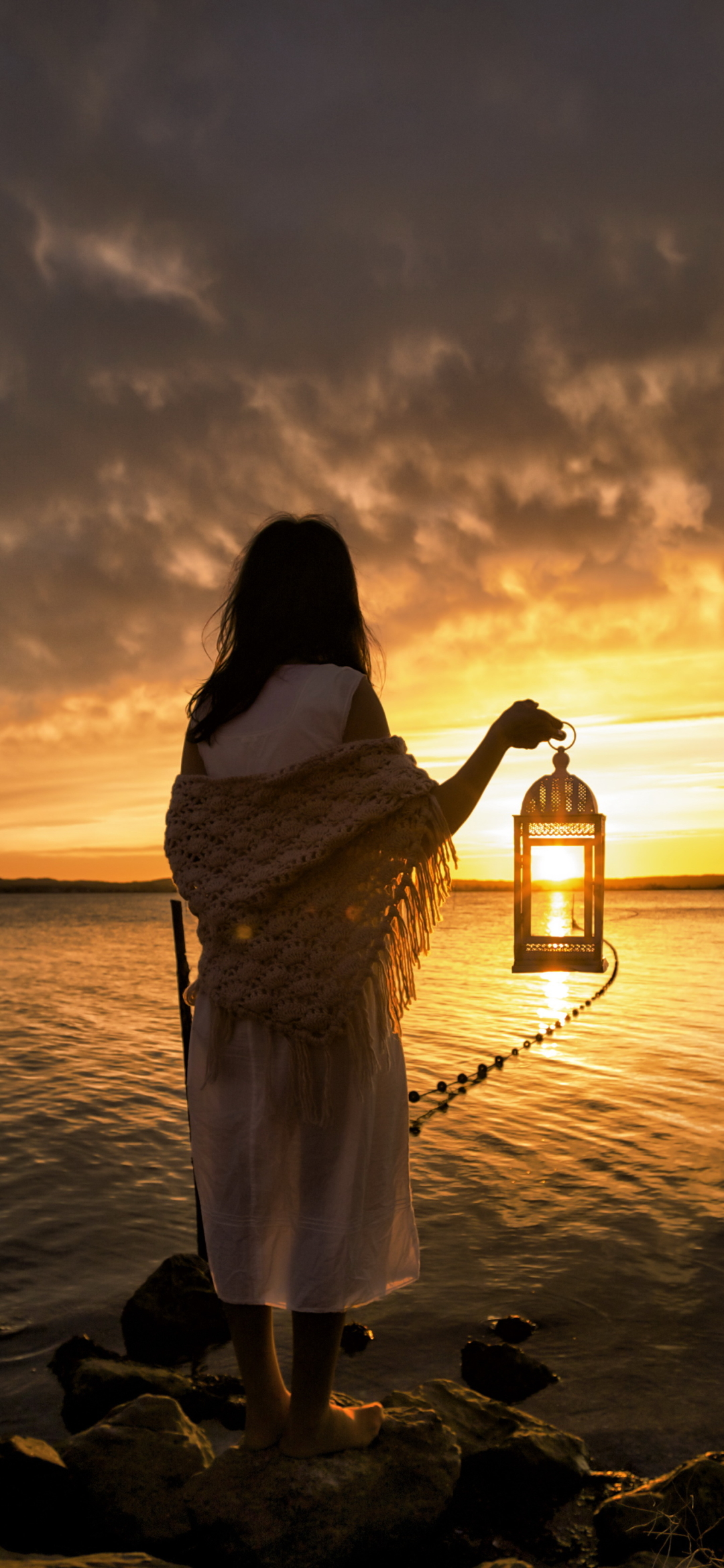 Download mobile wallpaper Sunset, Lantern, Rear, Women for free.