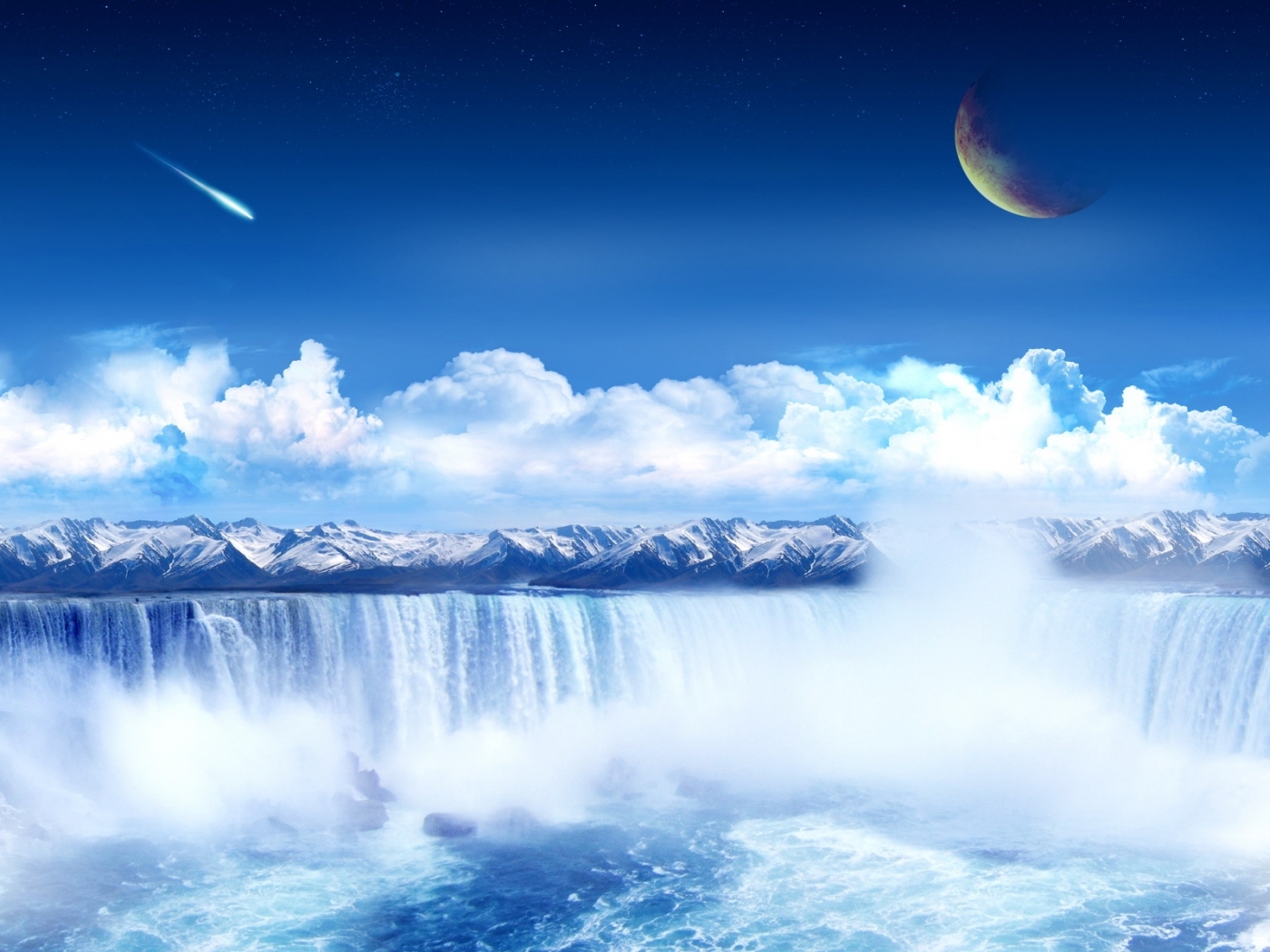 Baixe gratuitamente a imagem Paisagem, Montanhas, Nuvens, Lua, Cachoeiras, Fantasia na área de trabalho do seu PC
