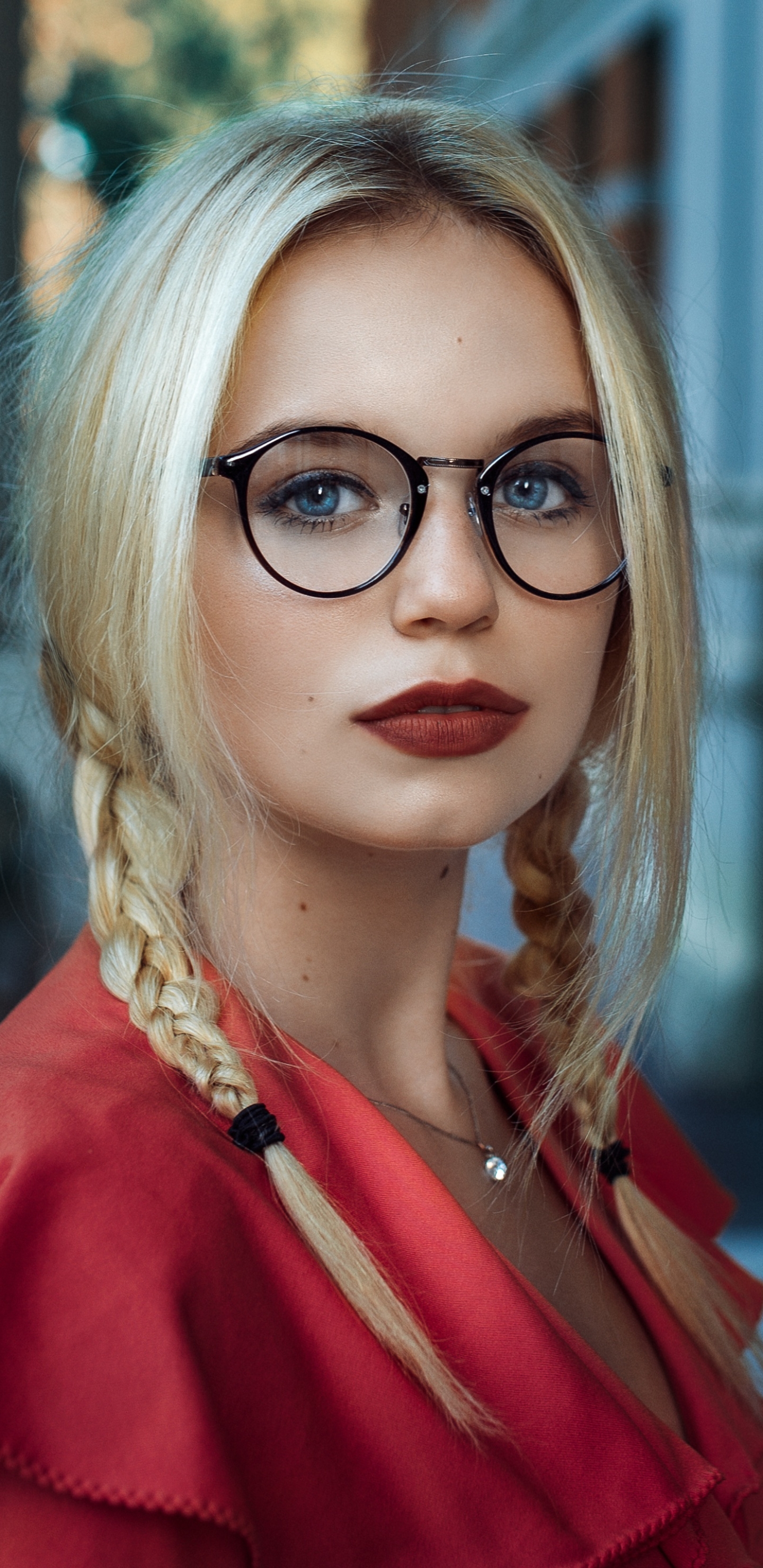 Download mobile wallpaper Blonde, Glasses, Model, Women, Blue Eyes, Braid, Lipstick for free.