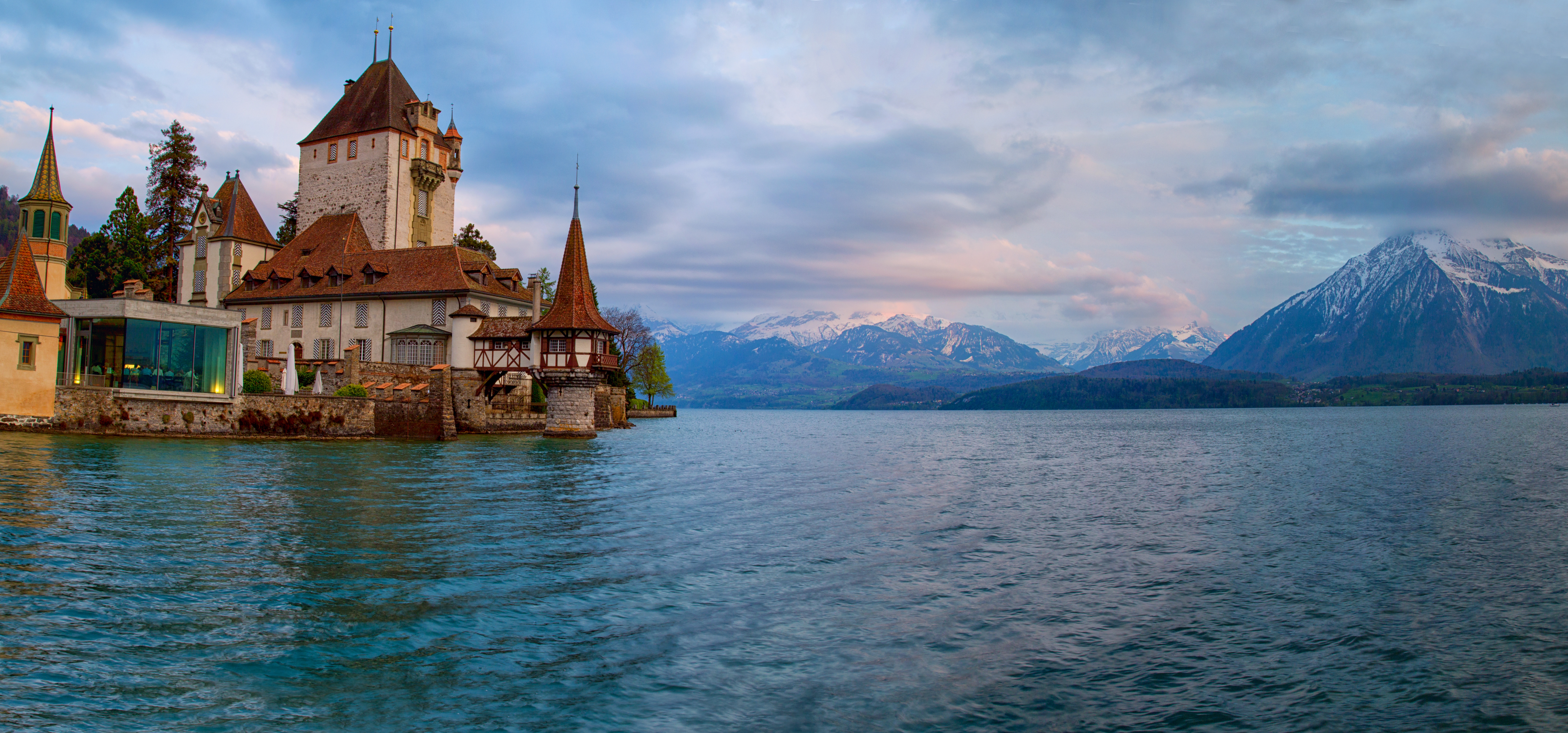 Free download wallpaper Castles, Mountain, Lake, Alps, Switzerland, Man Made, Castle, Oberhofen Castle on your PC desktop