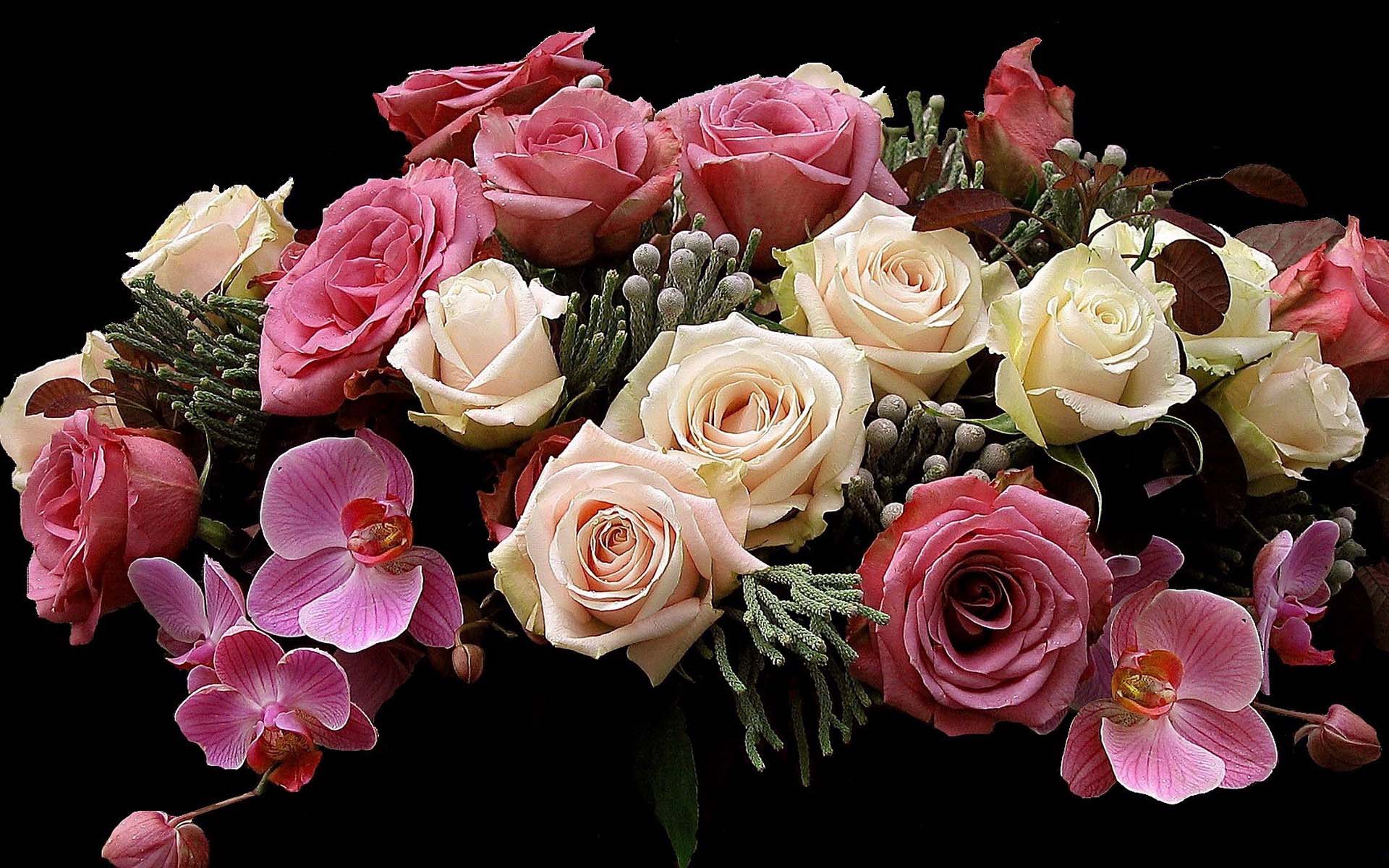 Скачать обои бесплатно Цветок, Роза, Ваза, Орхидея, Белый Цветок, Земля/природа, Розовый Цветок, Флауэрсы картинка на рабочий стол ПК