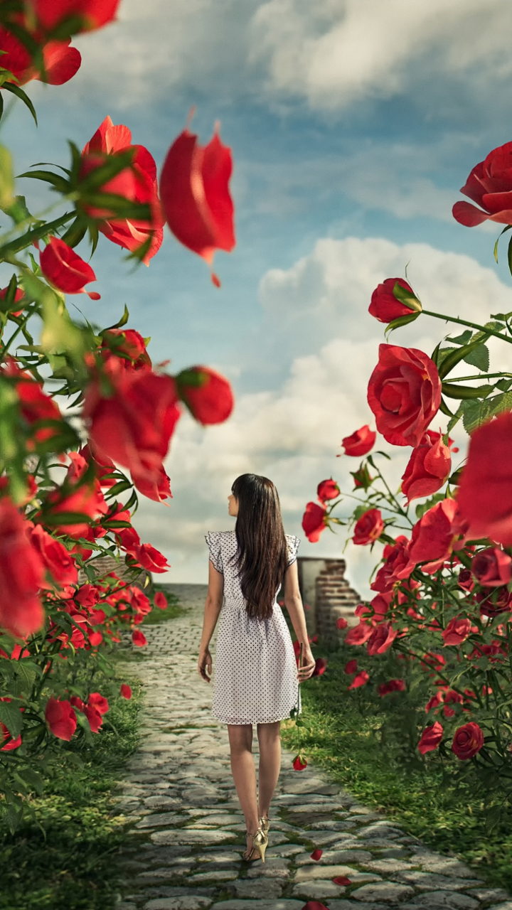 Download mobile wallpaper Fantasy, Flower, Rose, Rear, Women for free.