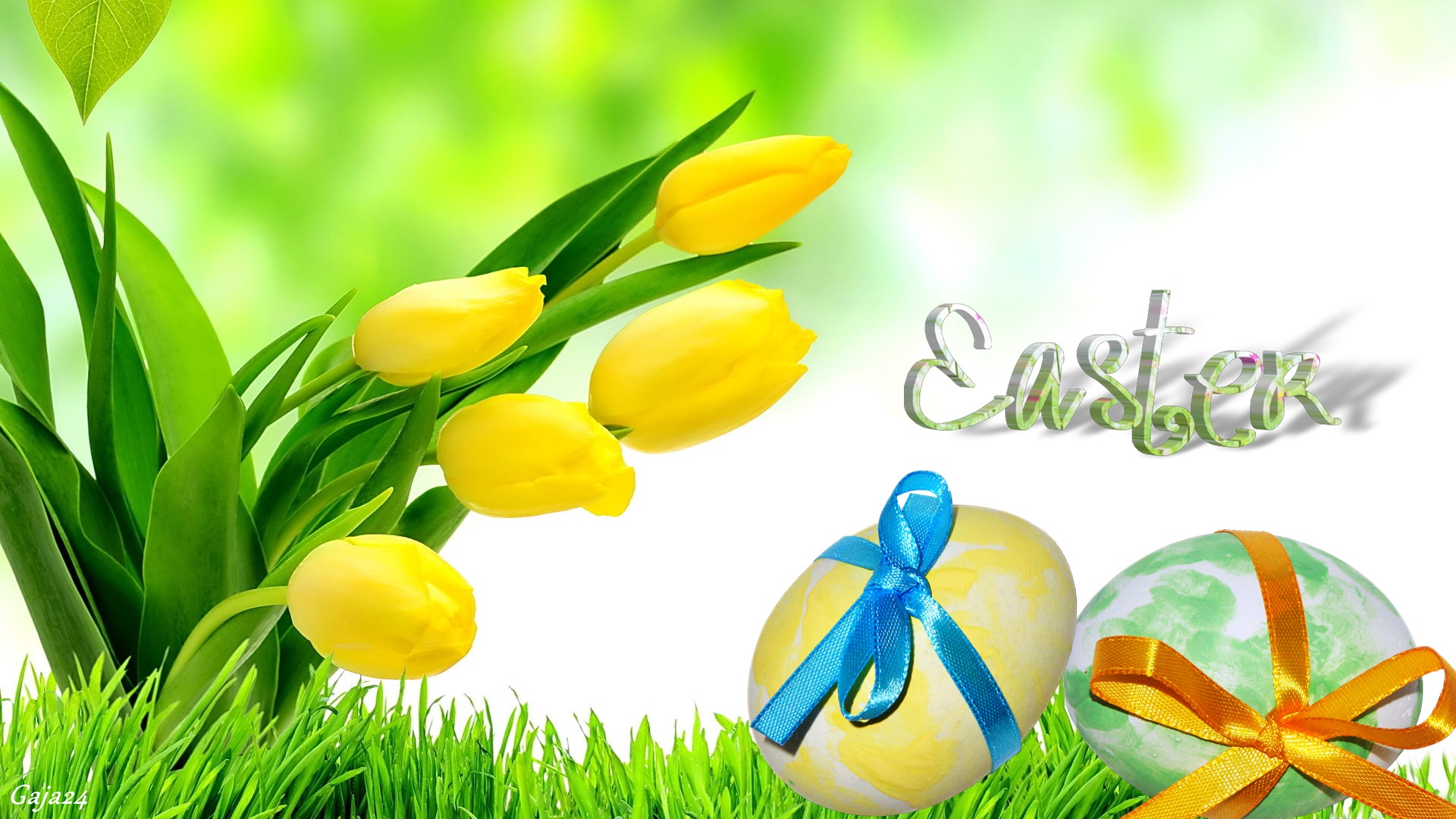 Descarga gratuita de fondo de pantalla para móvil de Pascua, Día Festivo, De Cerca, Cinta, Tulipán, Huevo, Flor Amarilla, Huevo De Pascua.