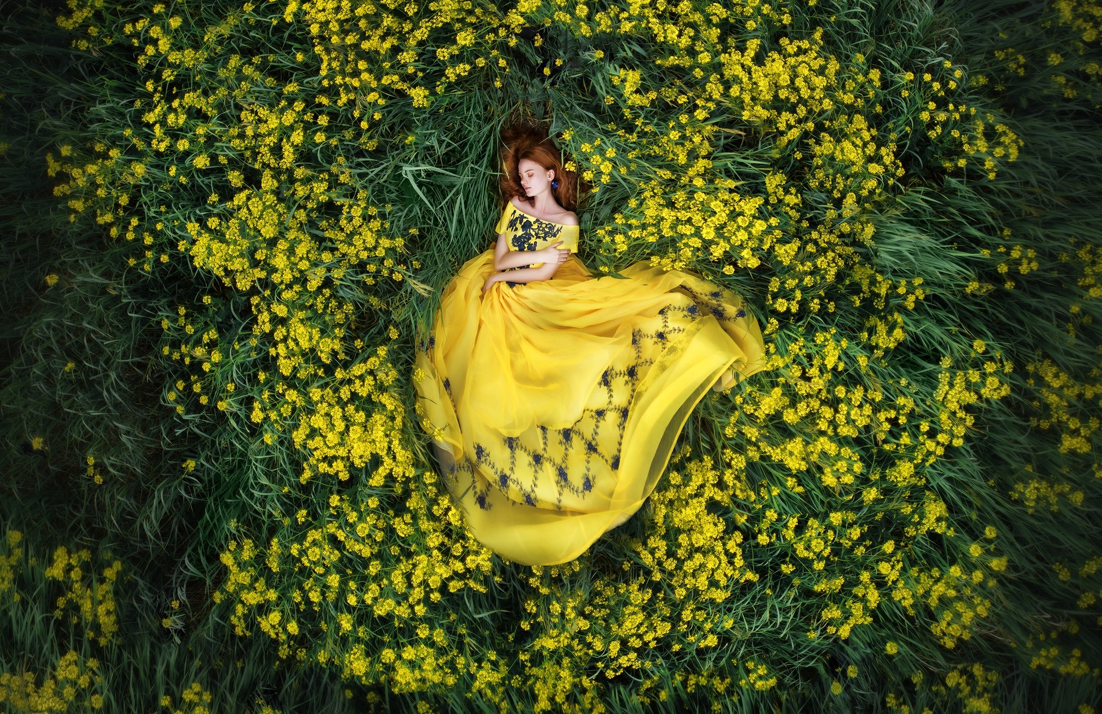 Download mobile wallpaper Nature, Flower, Redhead, Mood, Model, Women, Yellow Flower, Yellow Dress, Lying Down for free.