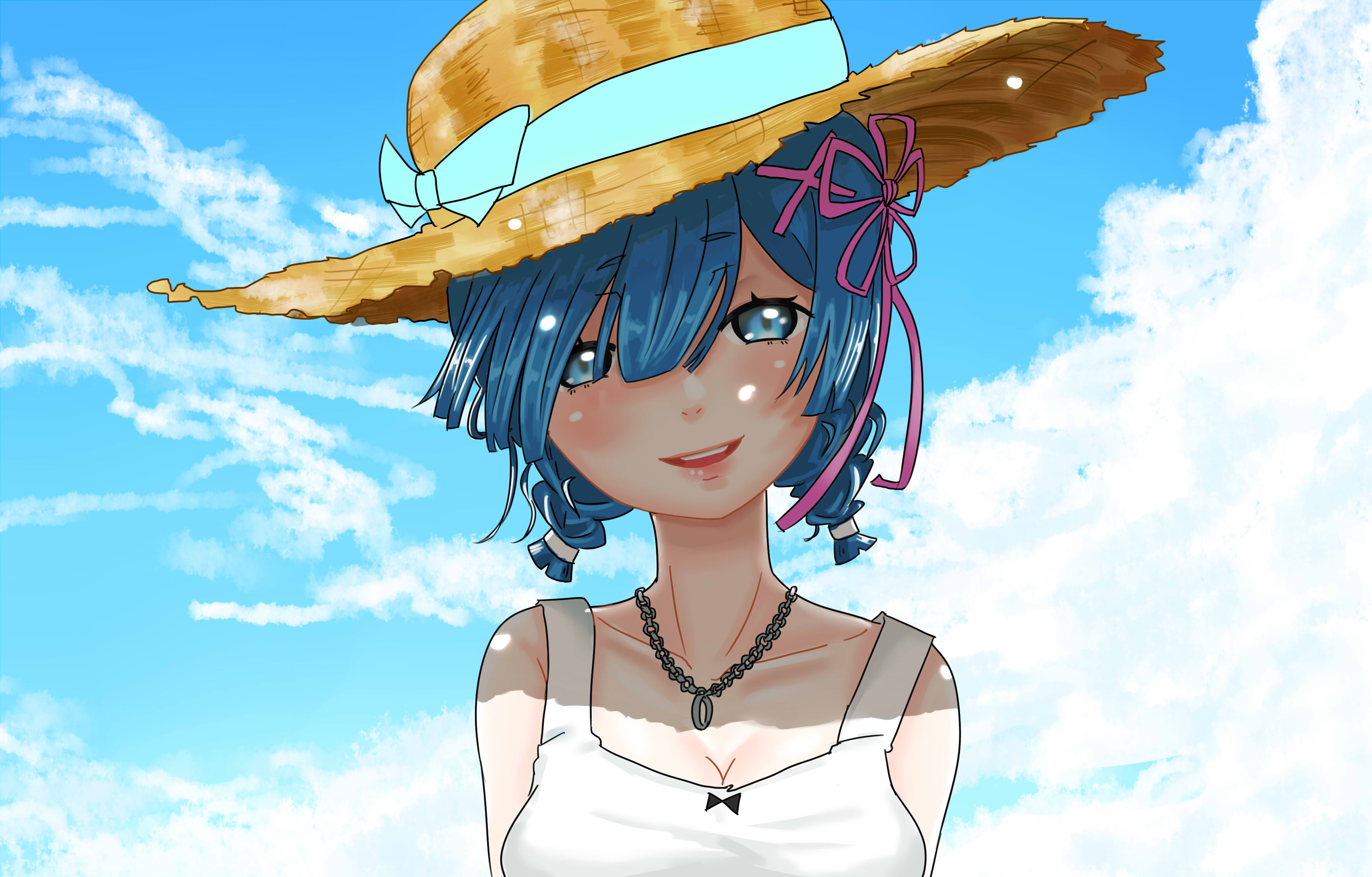 Laden Sie das Hut, Blaue Augen, Blaue Haare, Animes, Kurzes Haar, Re:zero Das Leben In Einer Anderen Welt Beginnen, Rem (Re: Null)-Bild kostenlos auf Ihren PC-Desktop herunter