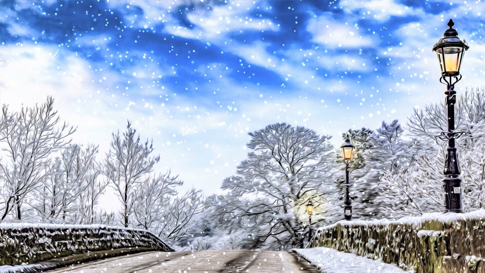 無料モバイル壁紙冬, 橋, 雪, 結石, 芸術的, 降雪, 街路灯をダウンロードします。