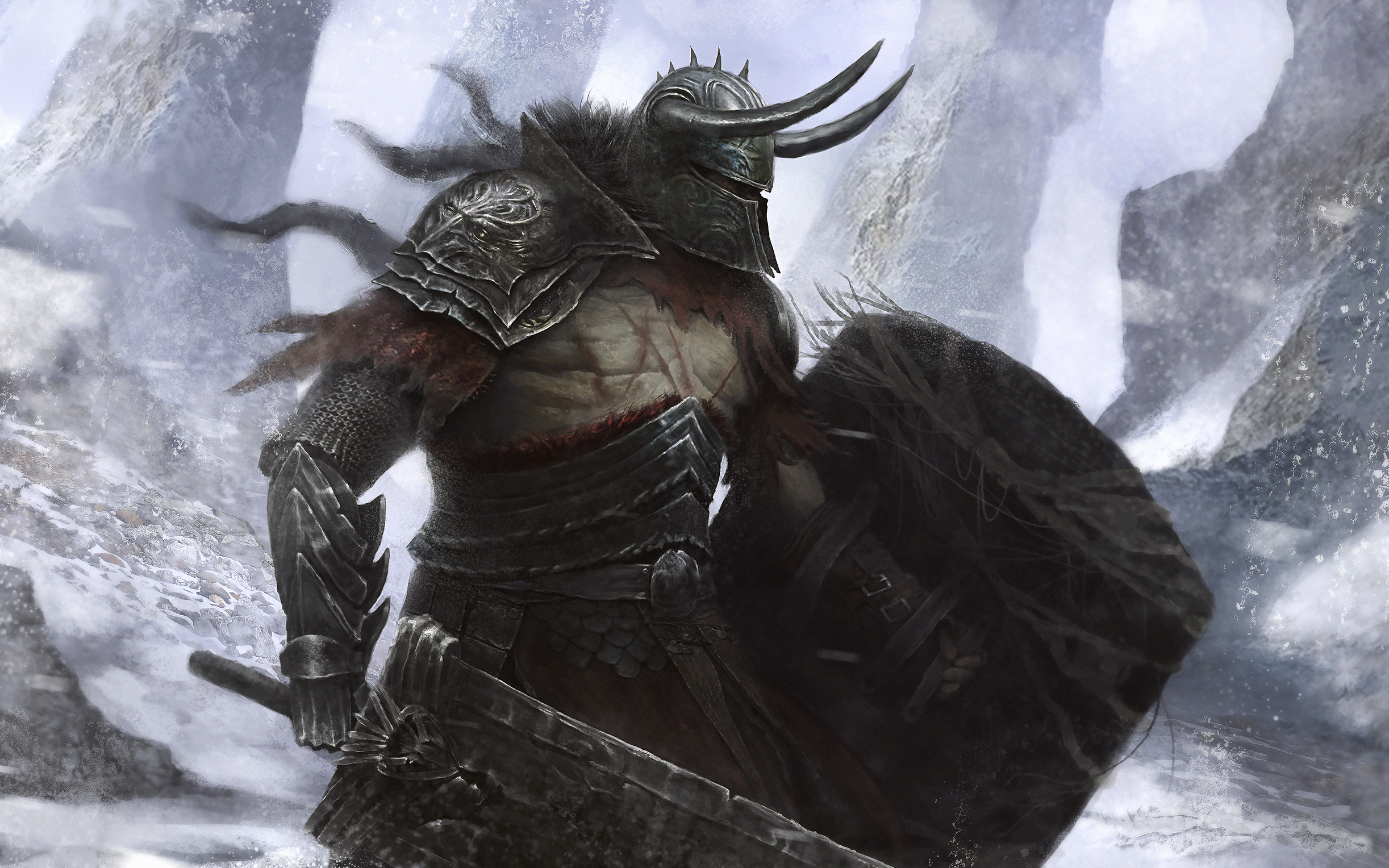 Download mobile wallpaper Winter, Fantasy, Shield, Helmet, Warrior, Horns, Armor, Sword for free.