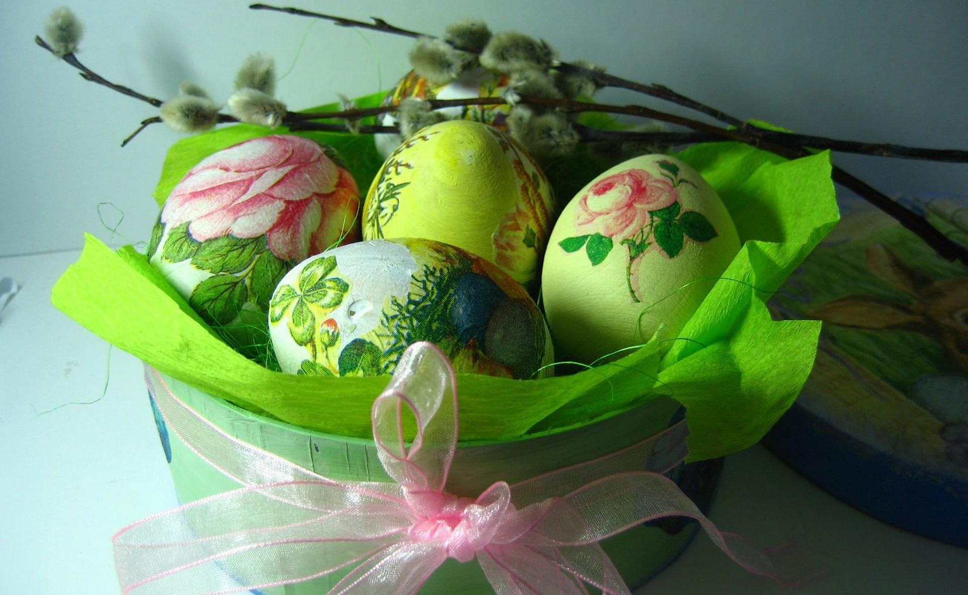 holiday, easter, basket, colorful, easter egg, egg, pussy willow, ribbon