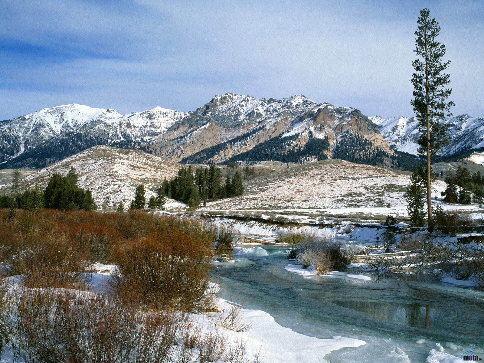 Download mobile wallpaper Rivers, Snow, Winter, Landscape, Mountains for free.