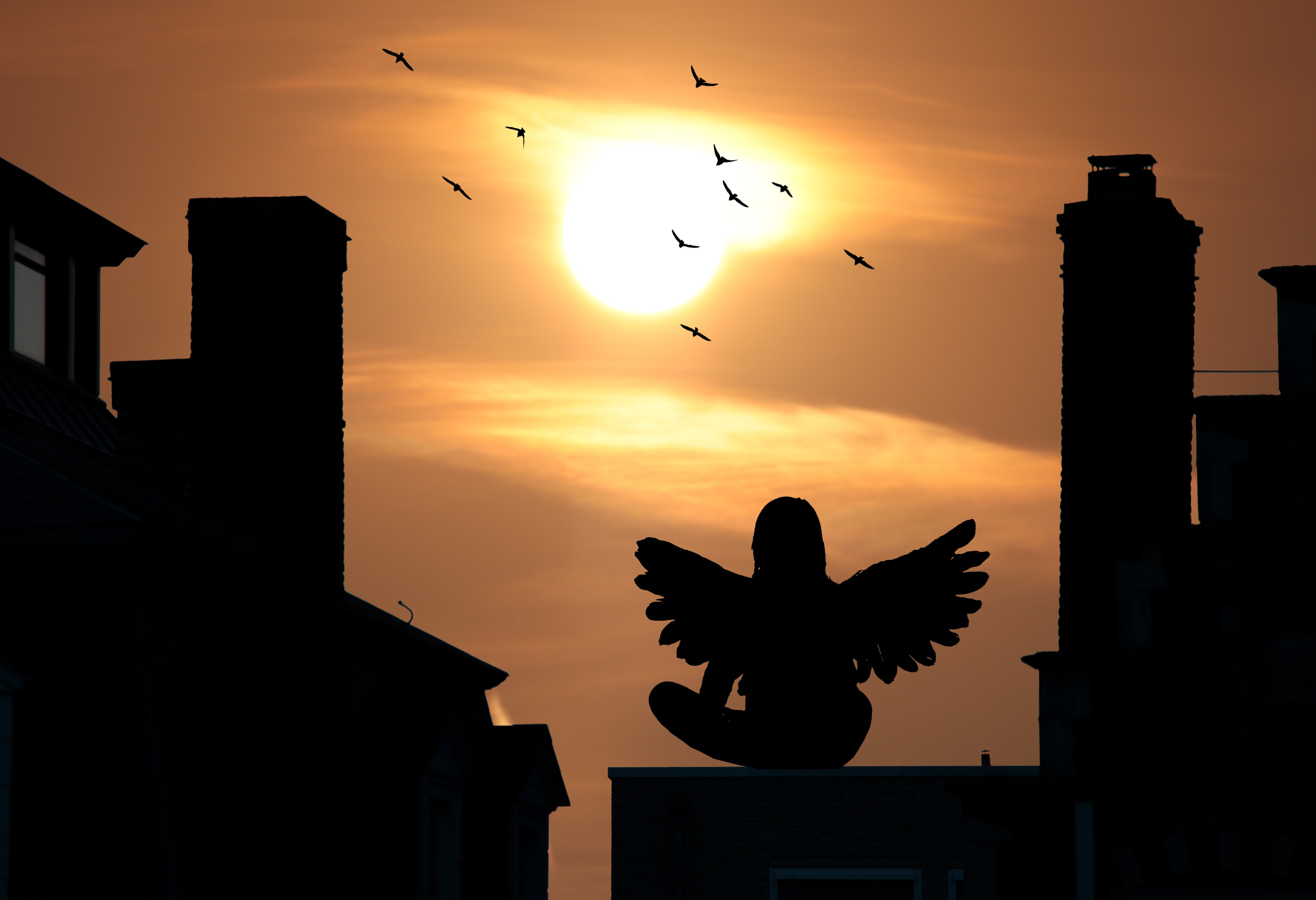 Download mobile wallpaper Fantasy, Building, Silhouette, Wings, Angel, Flock Of Birds for free.