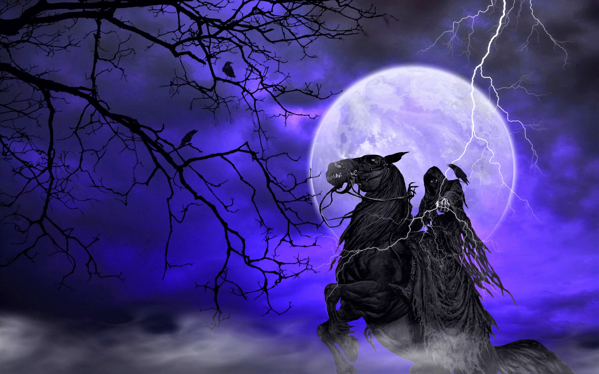Download mobile wallpaper Night, Death, Moon, Lightning, Dark, Horse, Raven, Grim Reaper for free.
