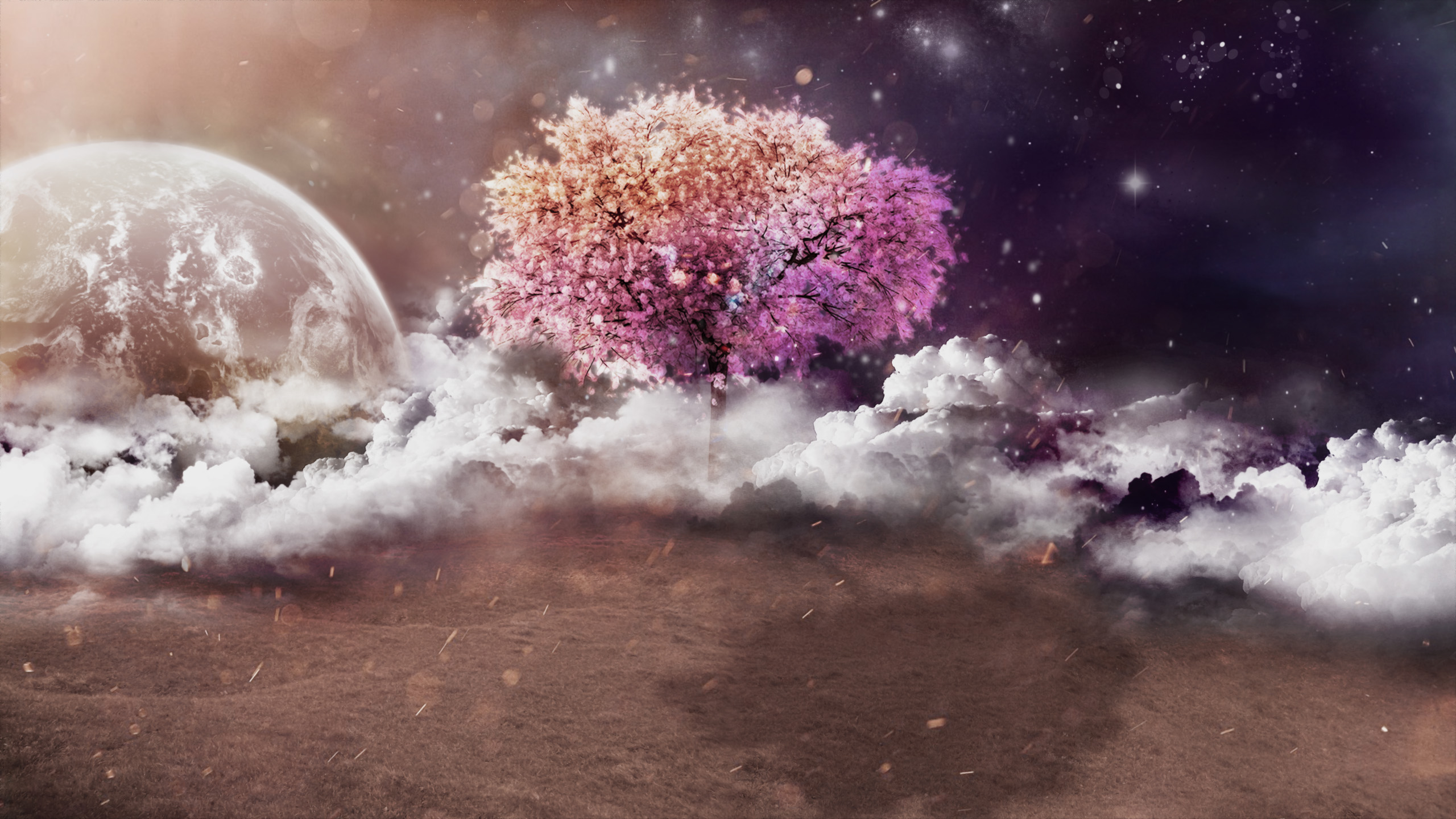 Free download wallpaper Landscape, Fantasy, Moon, Tree, Planet, Colorful, Artistic, Cloud, Lonely Tree on your PC desktop