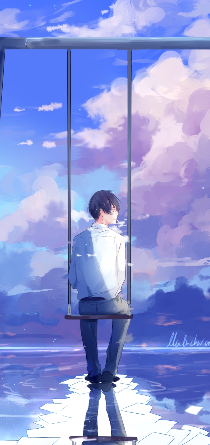 Download mobile wallpaper Anime, Reflection, Swing, Cloud, Original for free.