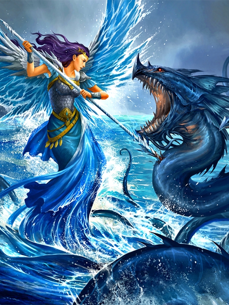 Download mobile wallpaper Fantasy, Creature, Angel, Sea Monster, Angel Warrior for free.