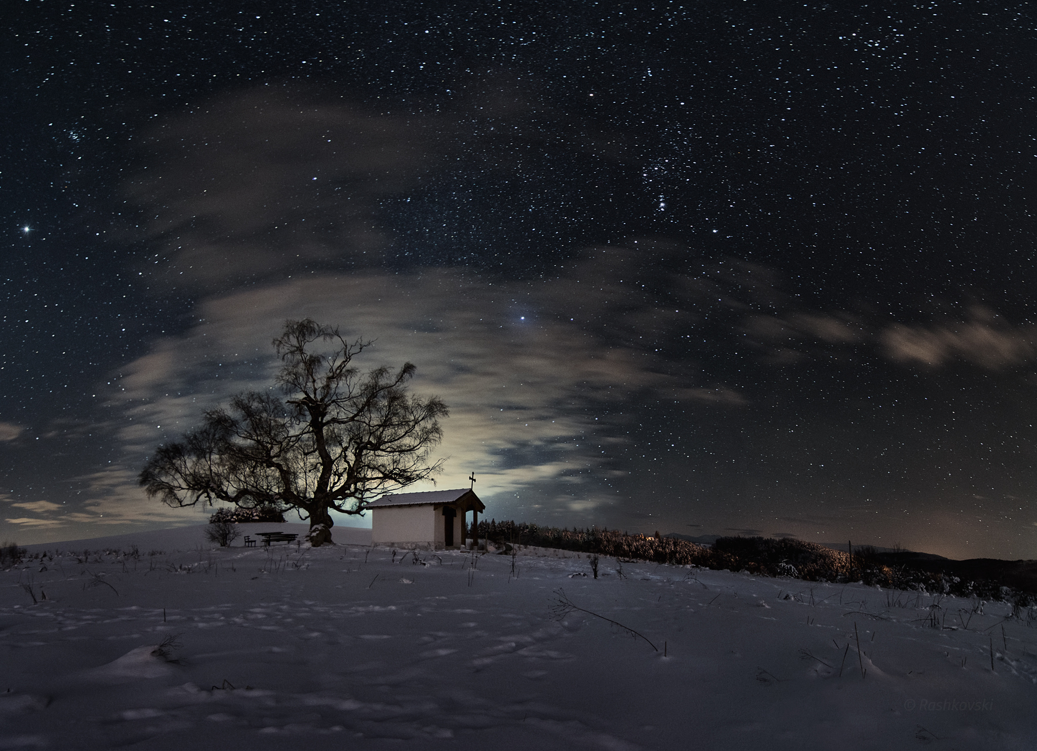 Download mobile wallpaper Winter, Sky, Stars, Night, Snow, Starry Sky, Church, Churches, Religious for free.