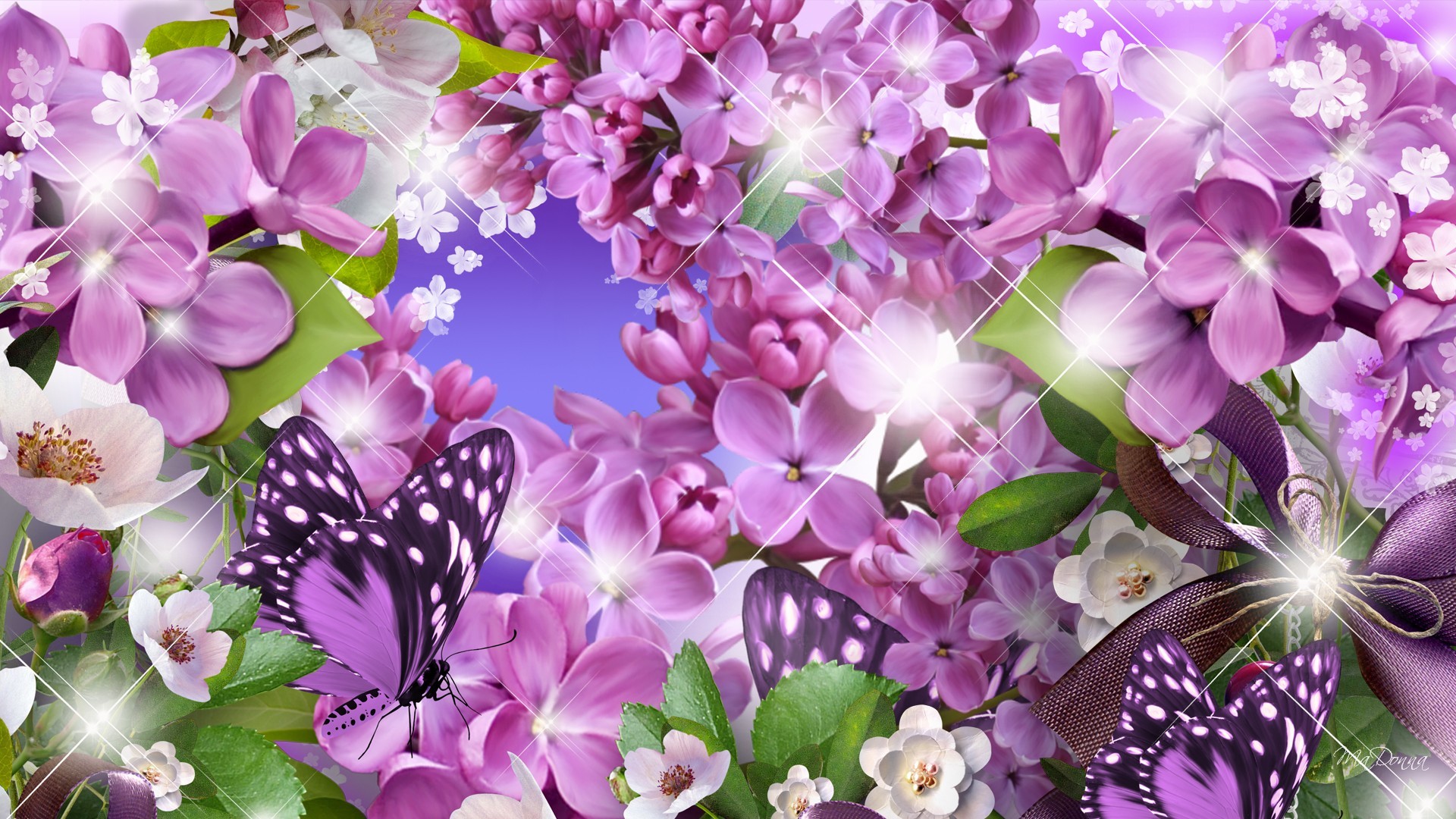Free download wallpaper Flowers, Lilac, Flower, Butterfly, Artistic, Cosmos, Purple Flower, Sparkles on your PC desktop