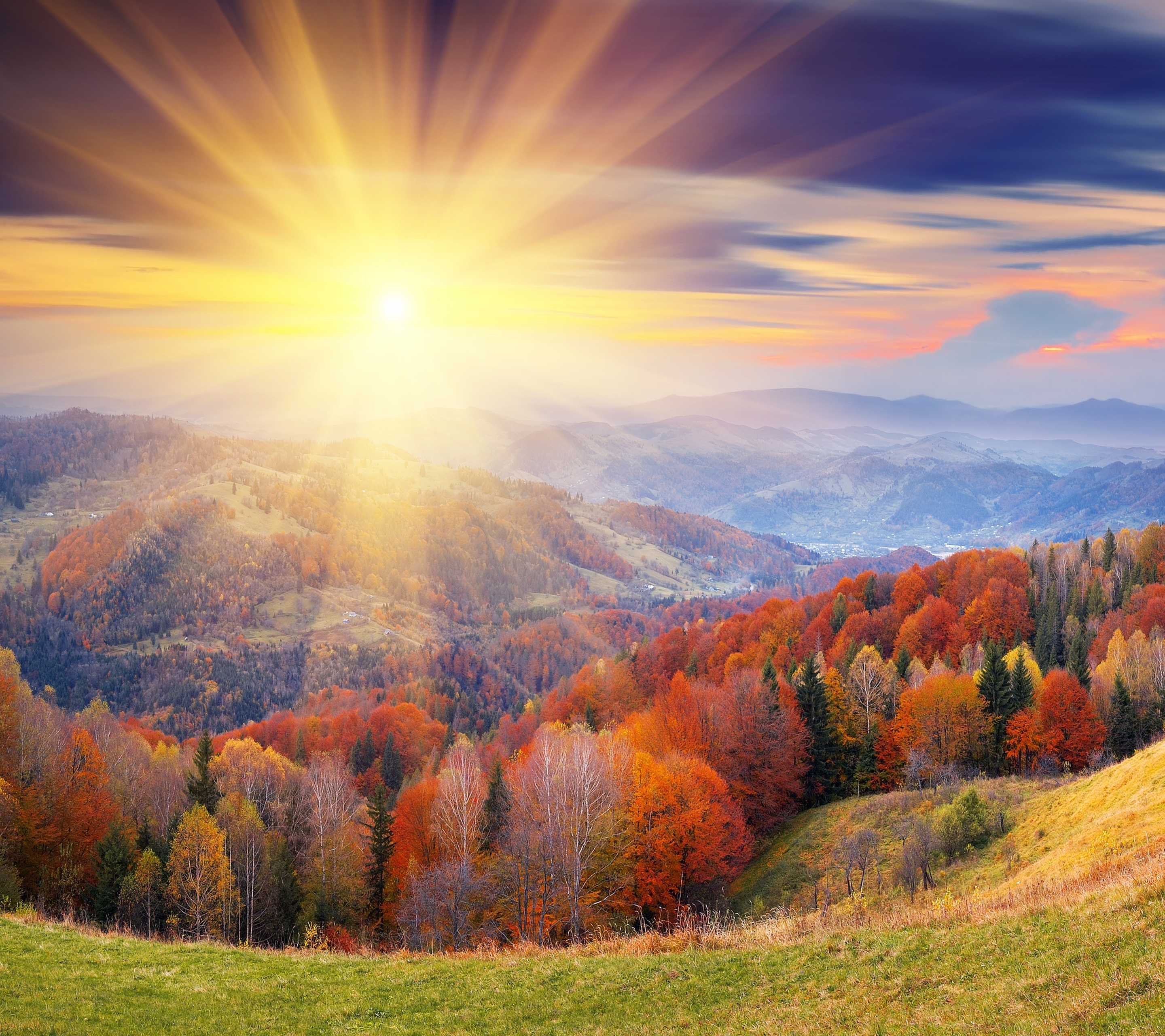 無料モバイル壁紙風景, 秋, 山, 森, 日の出, 地球, 日光, 風光明媚なをダウンロードします。