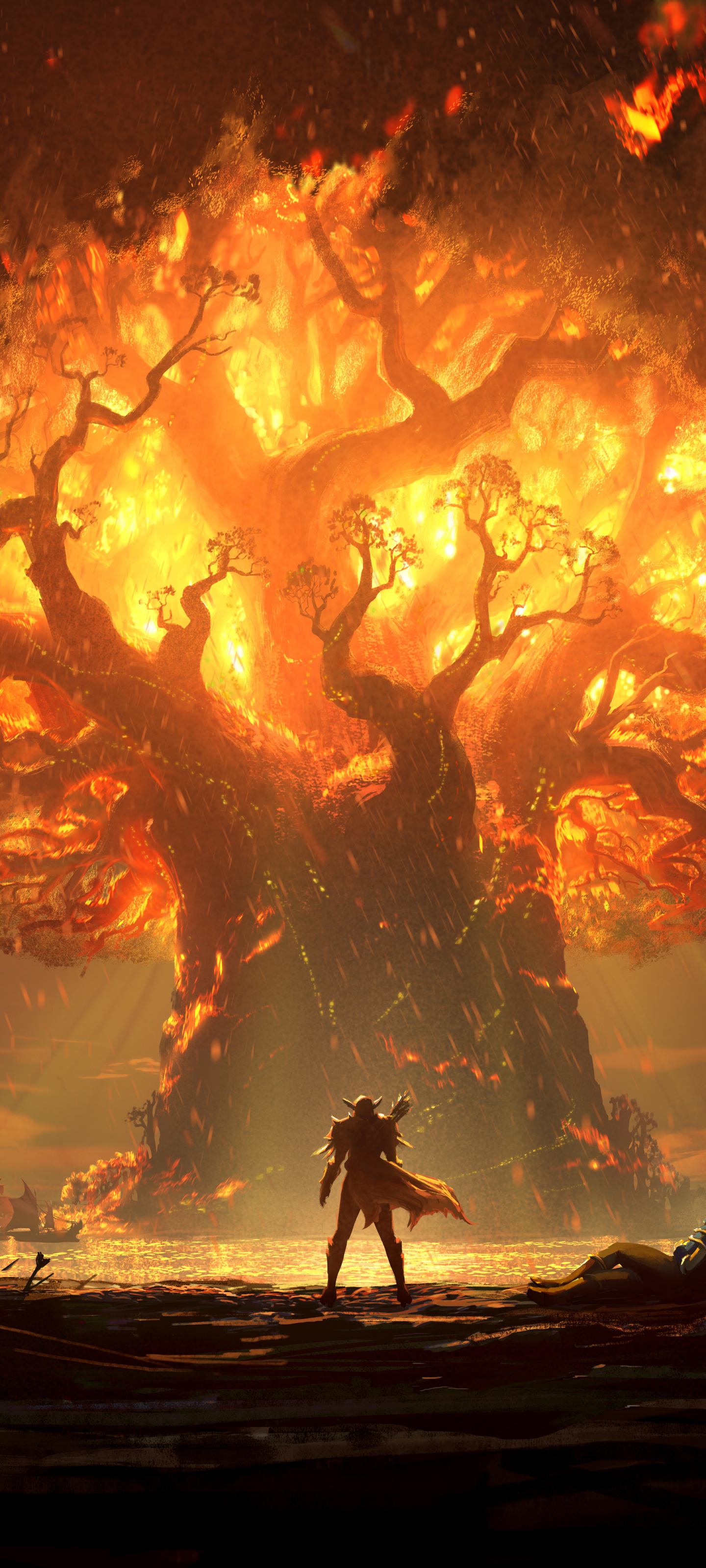 Free download wallpaper Fire, Tree, Warrior, Video Game, World Of Warcraft, World Of Warcraft: Battle For Azeroth on your PC desktop
