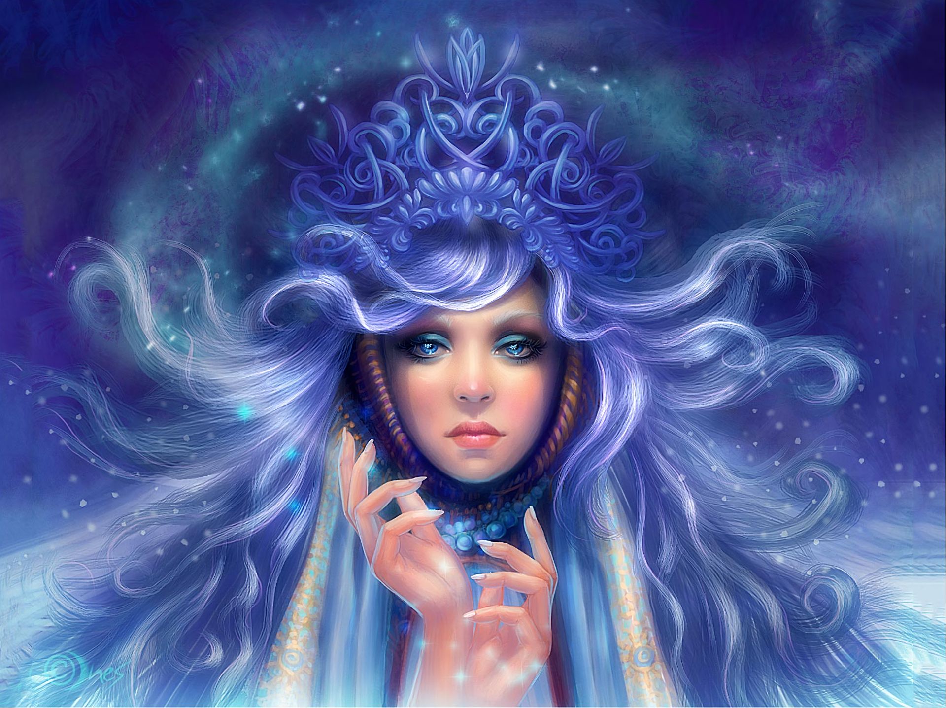 Free download wallpaper Fantasy, Crown, Women, Blue Eyes, Blue Hair on your PC desktop