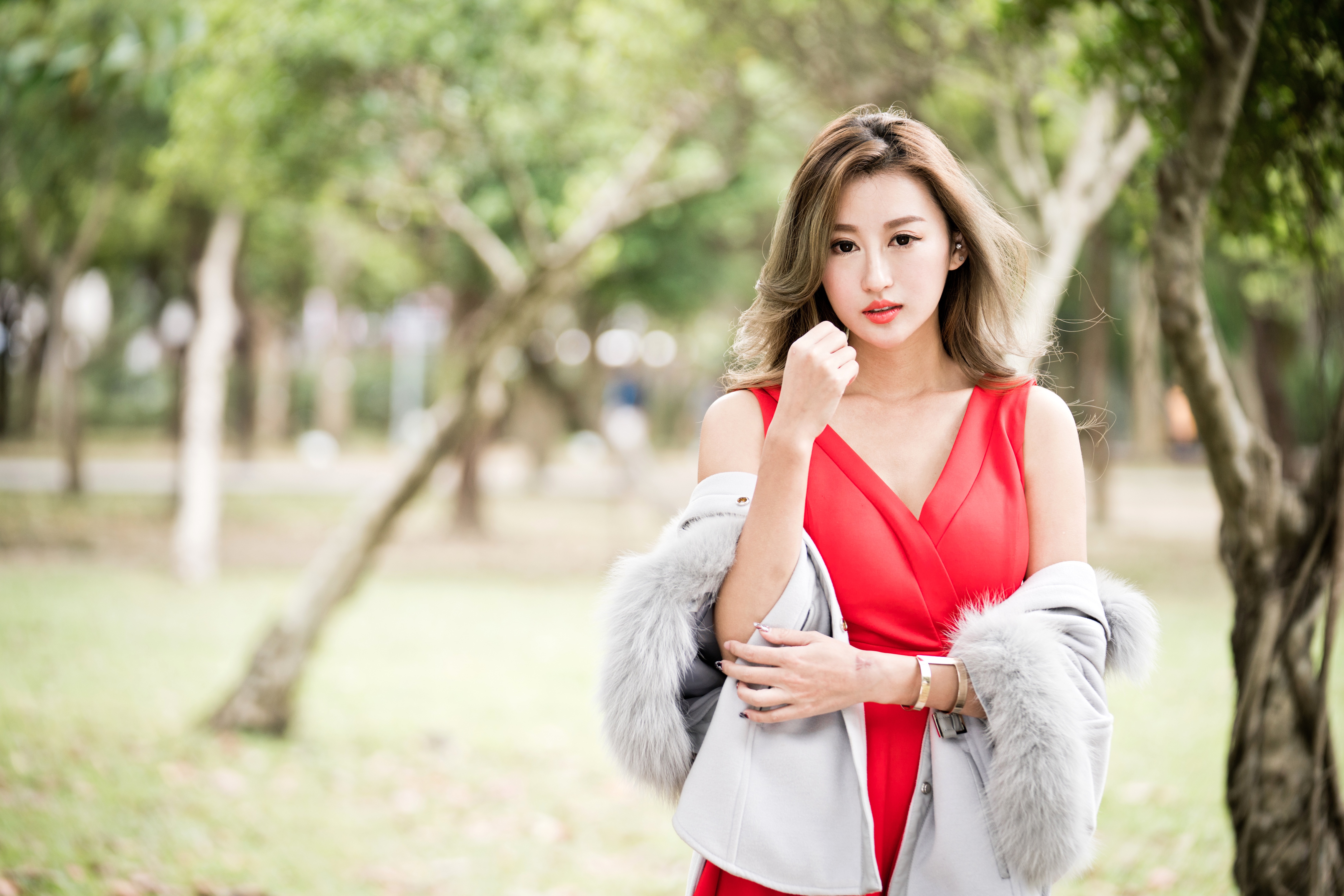 Free download wallpaper Brunette, Model, Women, Asian, Red Dress, Depth Of Field on your PC desktop