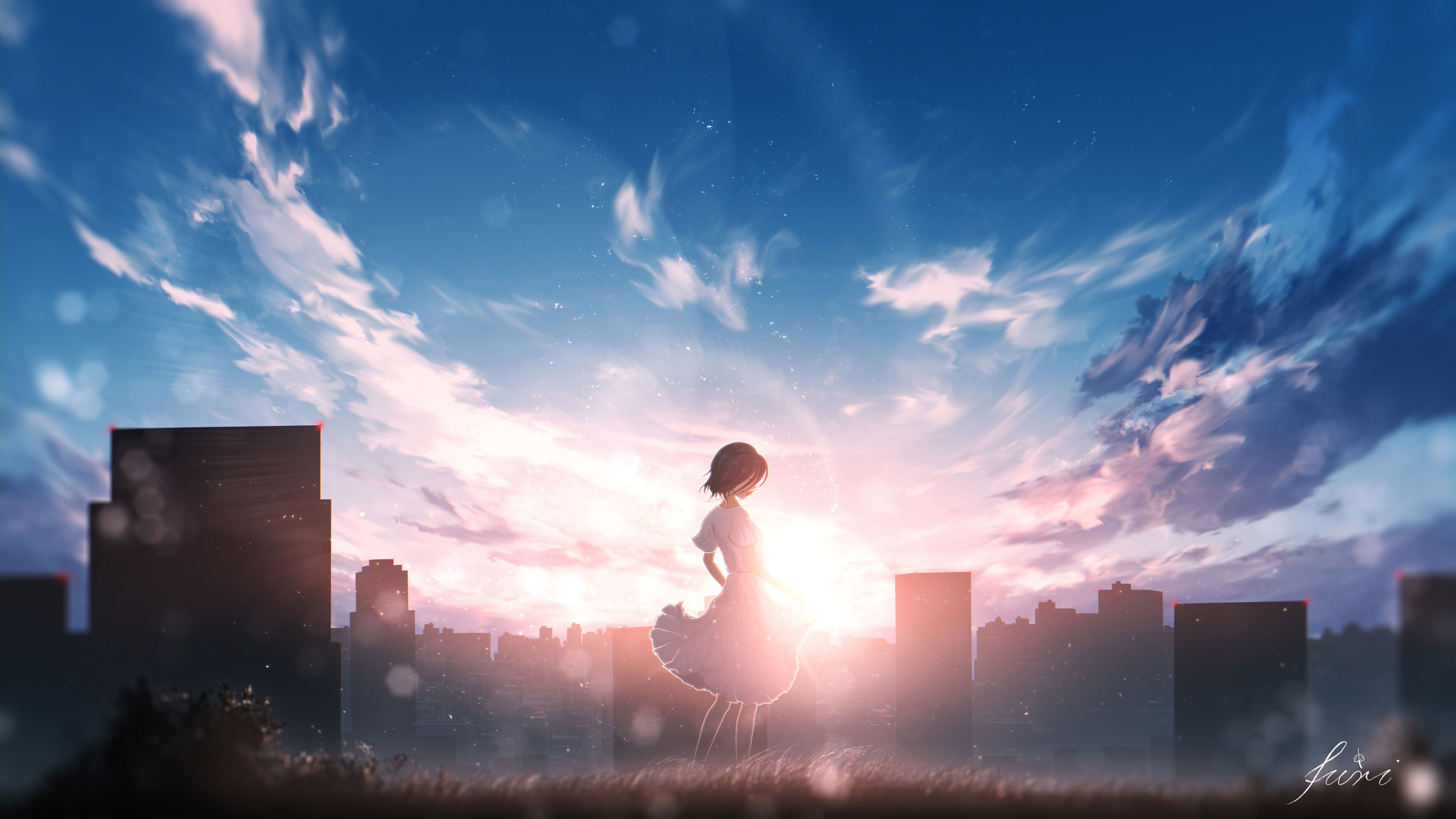 Download mobile wallpaper Anime, Sunset, Sky, Original, Short Hair for free.