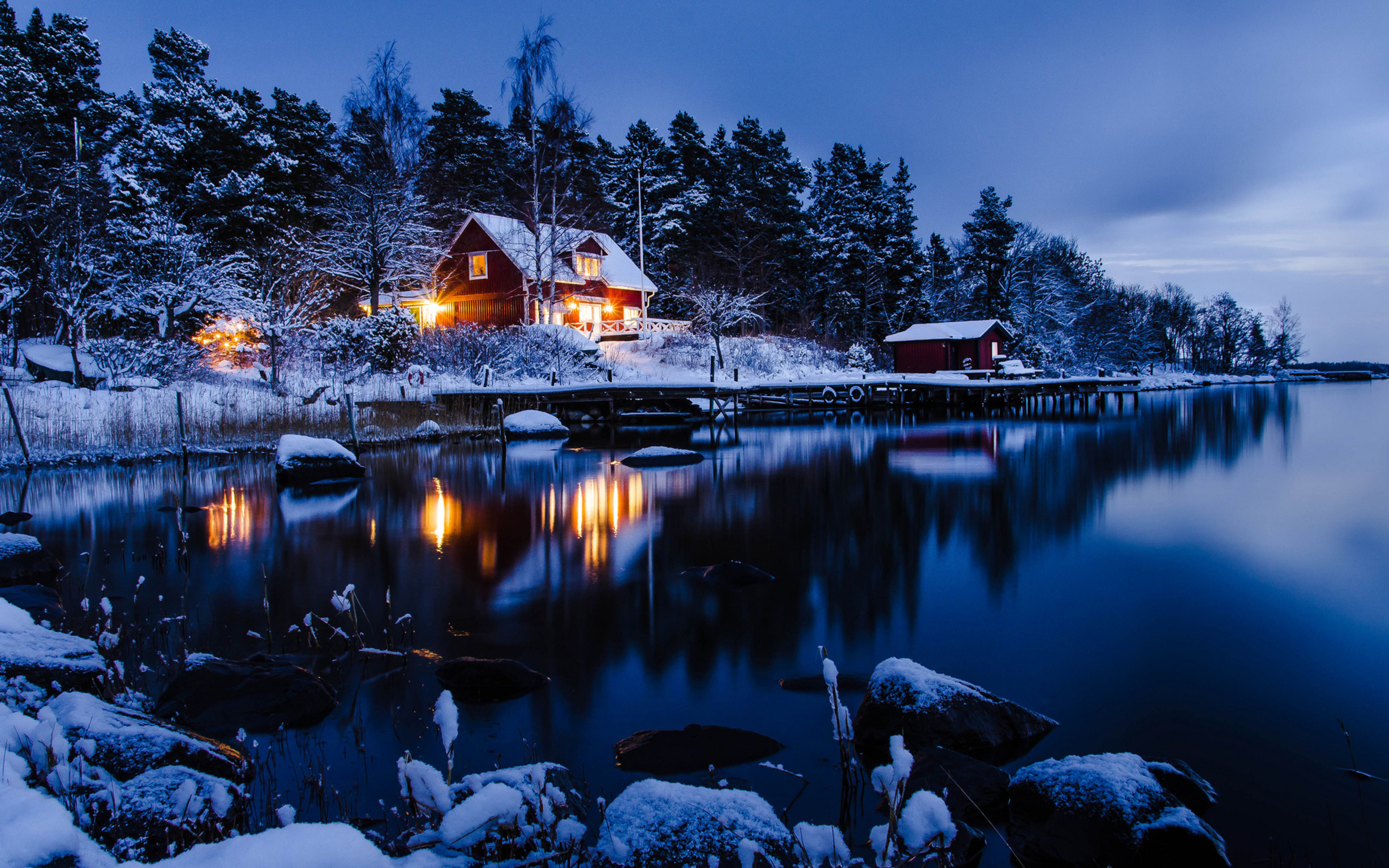Download mobile wallpaper Winter, Night, Snow, Lake, Reflection, House, Photography for free.