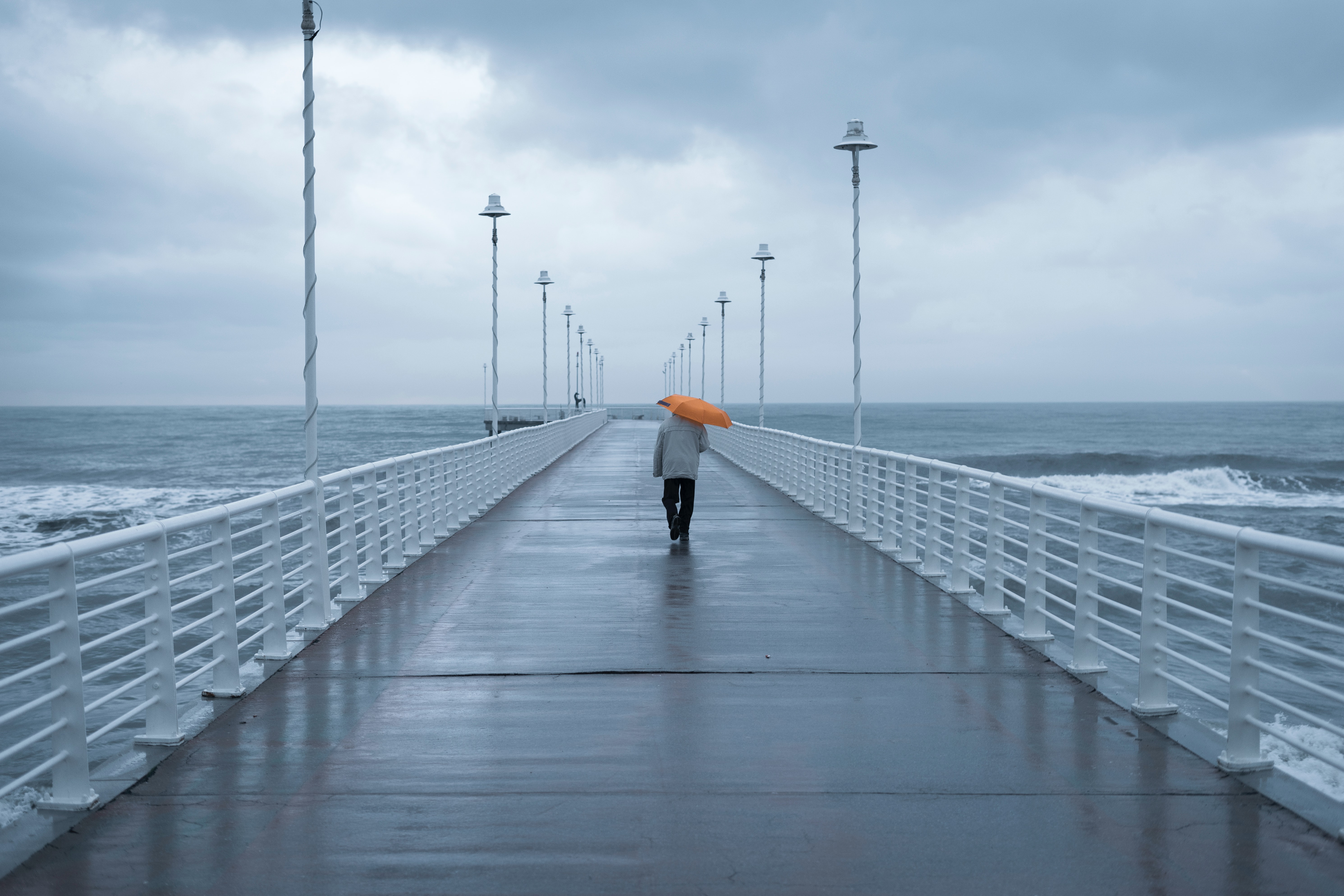 alone, pier, miscellaneous, miscellanea, human, person, loneliness, lonely, umbrella Phone Background