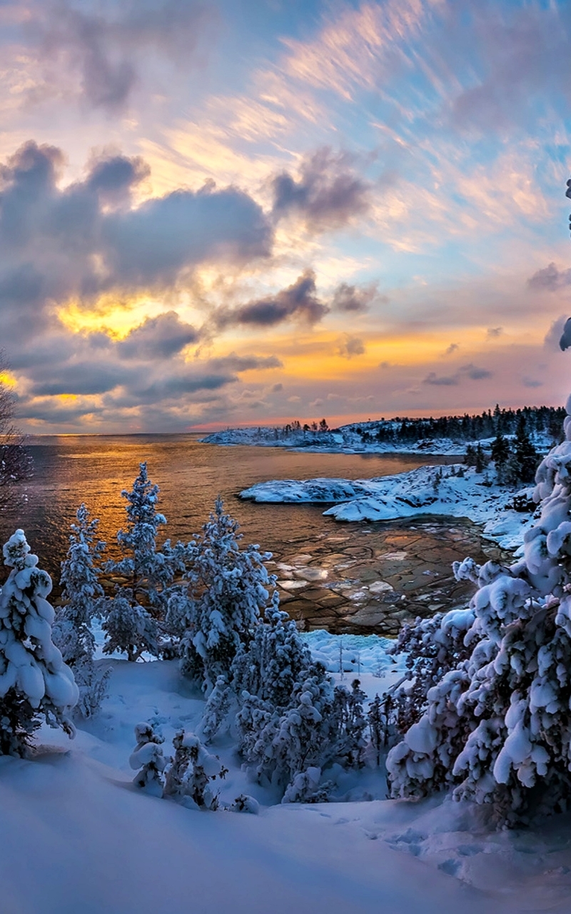 Descarga gratuita de fondo de pantalla para móvil de Invierno, Nieve, Montaña, Lago, Tierra, Atardecer, Tierra/naturaleza, Puesta De Sol.