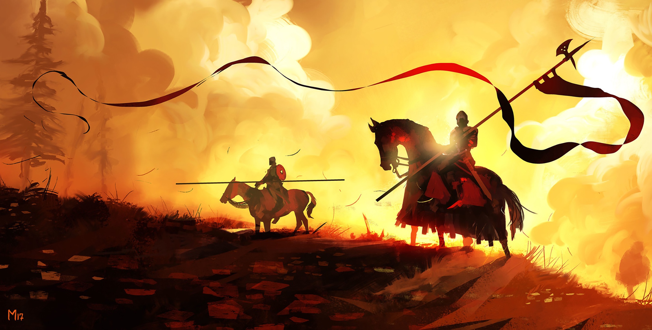 Download mobile wallpaper Fantasy, Warrior, Horse, Knight, Spear, Banner for free.