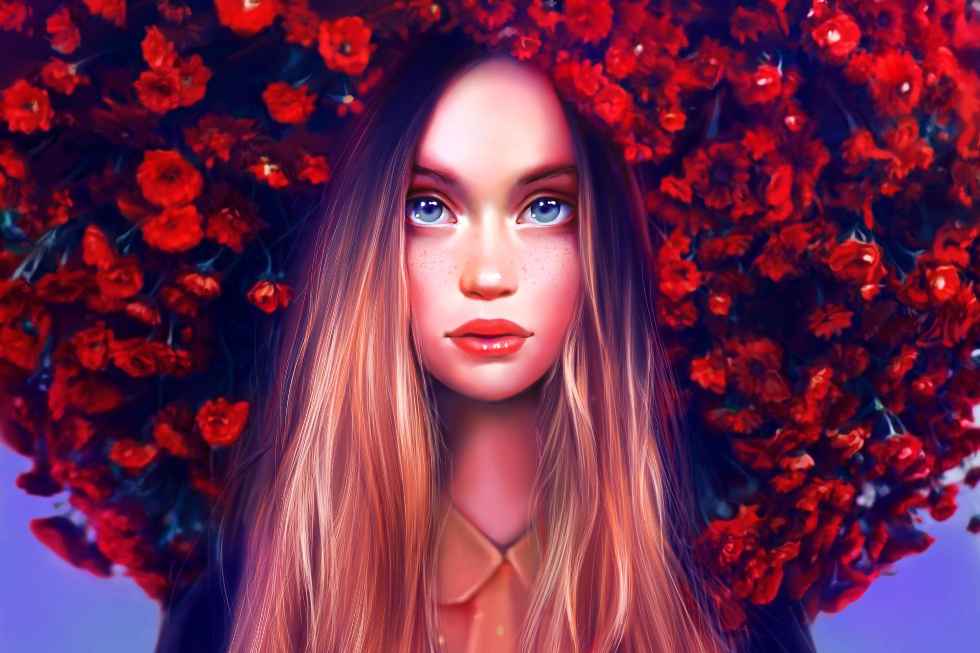 Free download wallpaper Flower, Artistic, Women, Red Flower, Aqua Eyes, Lipstick on your PC desktop