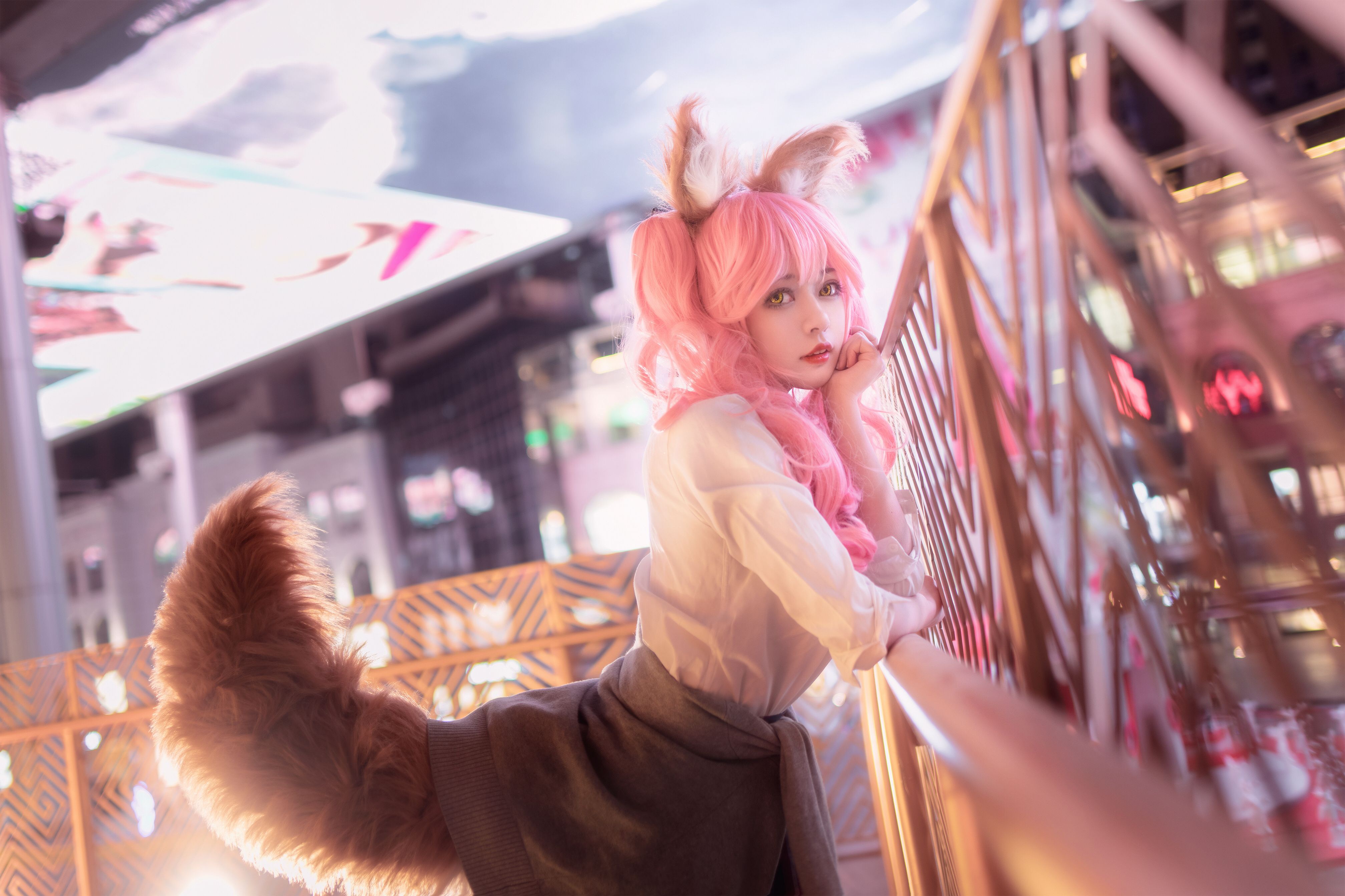 Download mobile wallpaper Tail, Women, Pink Hair, Asian, Cosplay, Animal Ears for free.