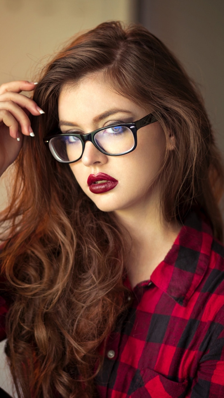 Download mobile wallpaper Glasses, Brunette, Model, Women, Long Hair, Lipstick for free.