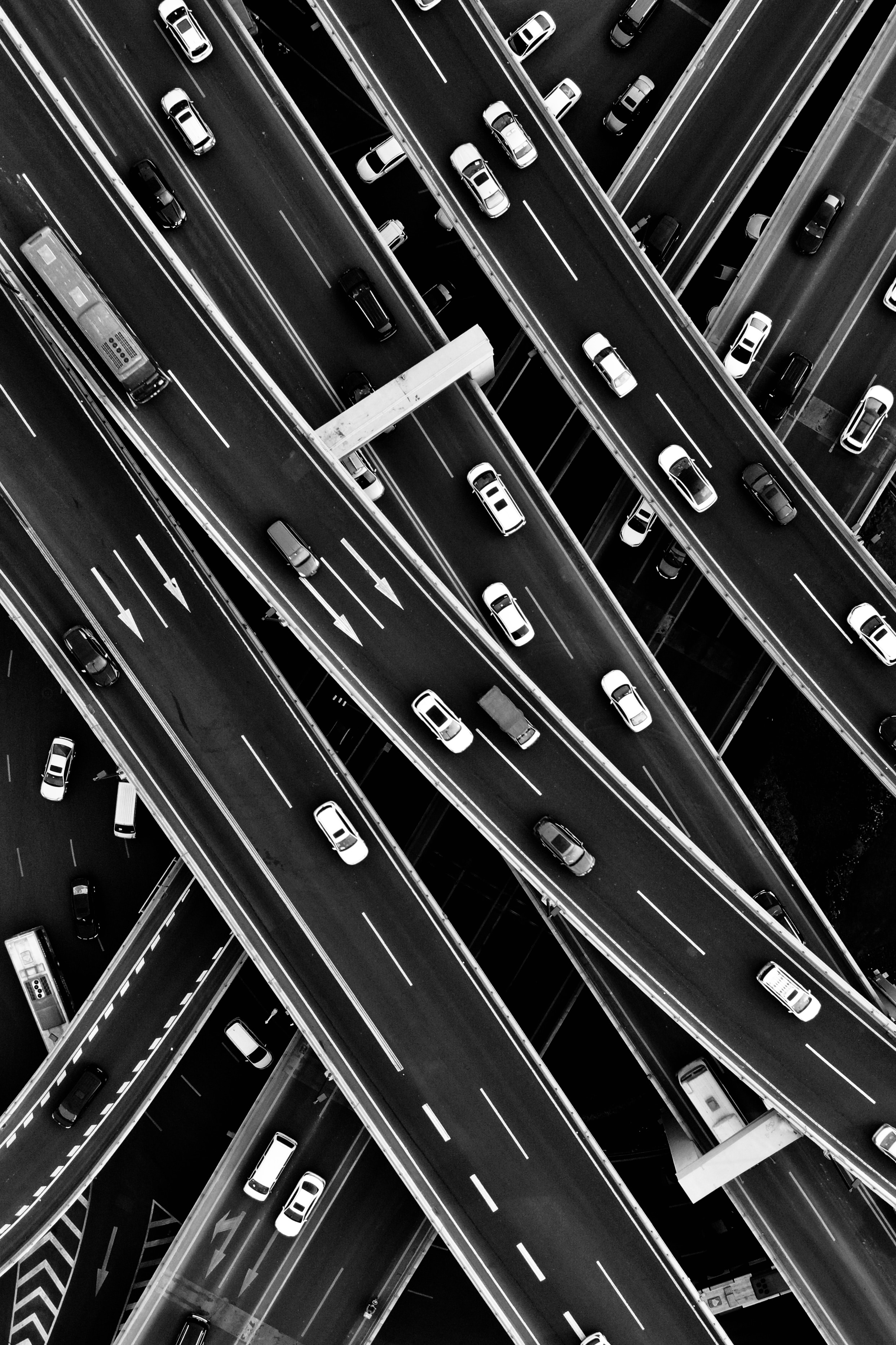 interchange, chb, cars, cities, view from above, traffic, movement, bw, transport interchange