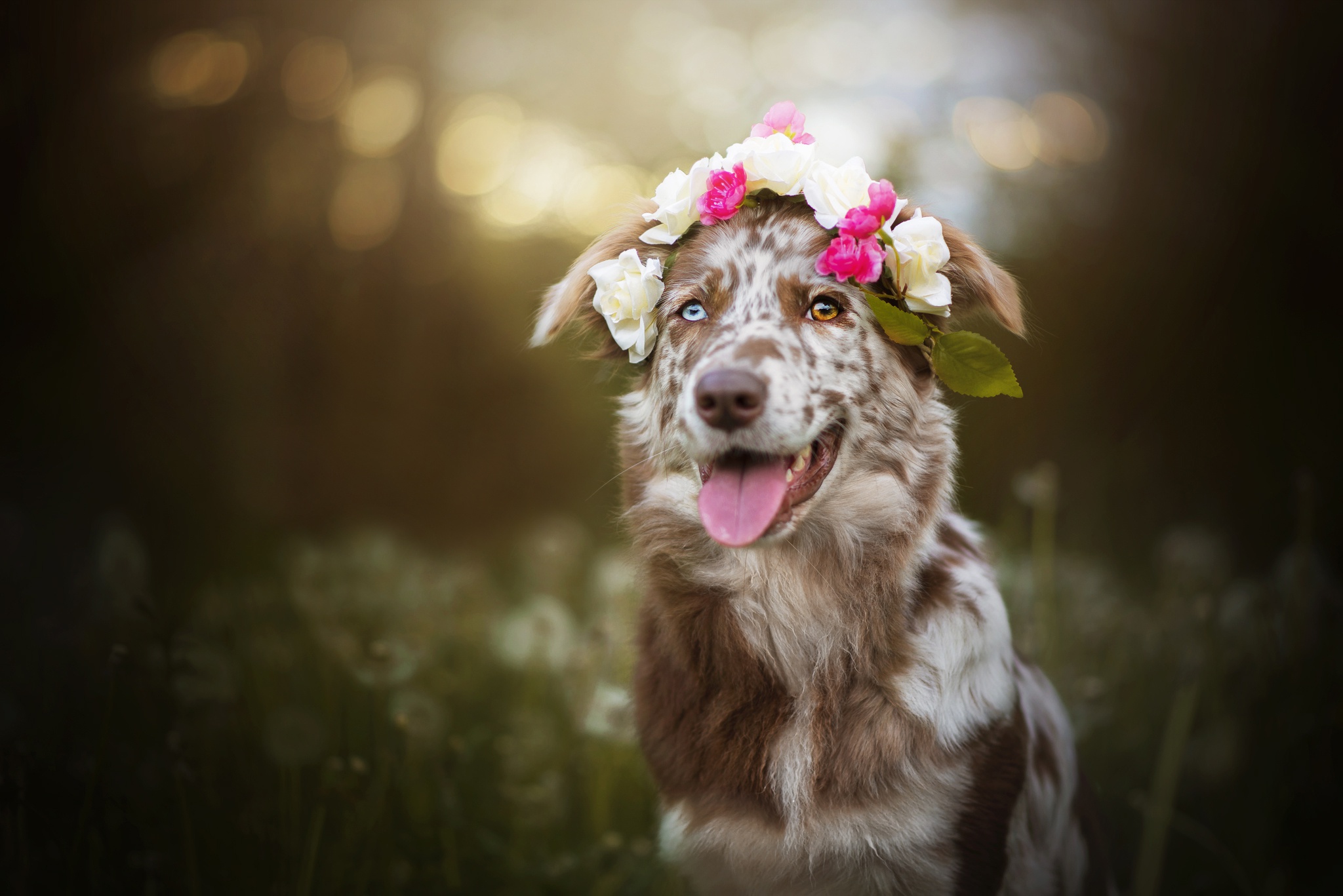 無料モバイル壁紙動物, 犬, 花輪, ヘテロクロミア, 被写界深度, オーストラリアン シェパードをダウンロードします。