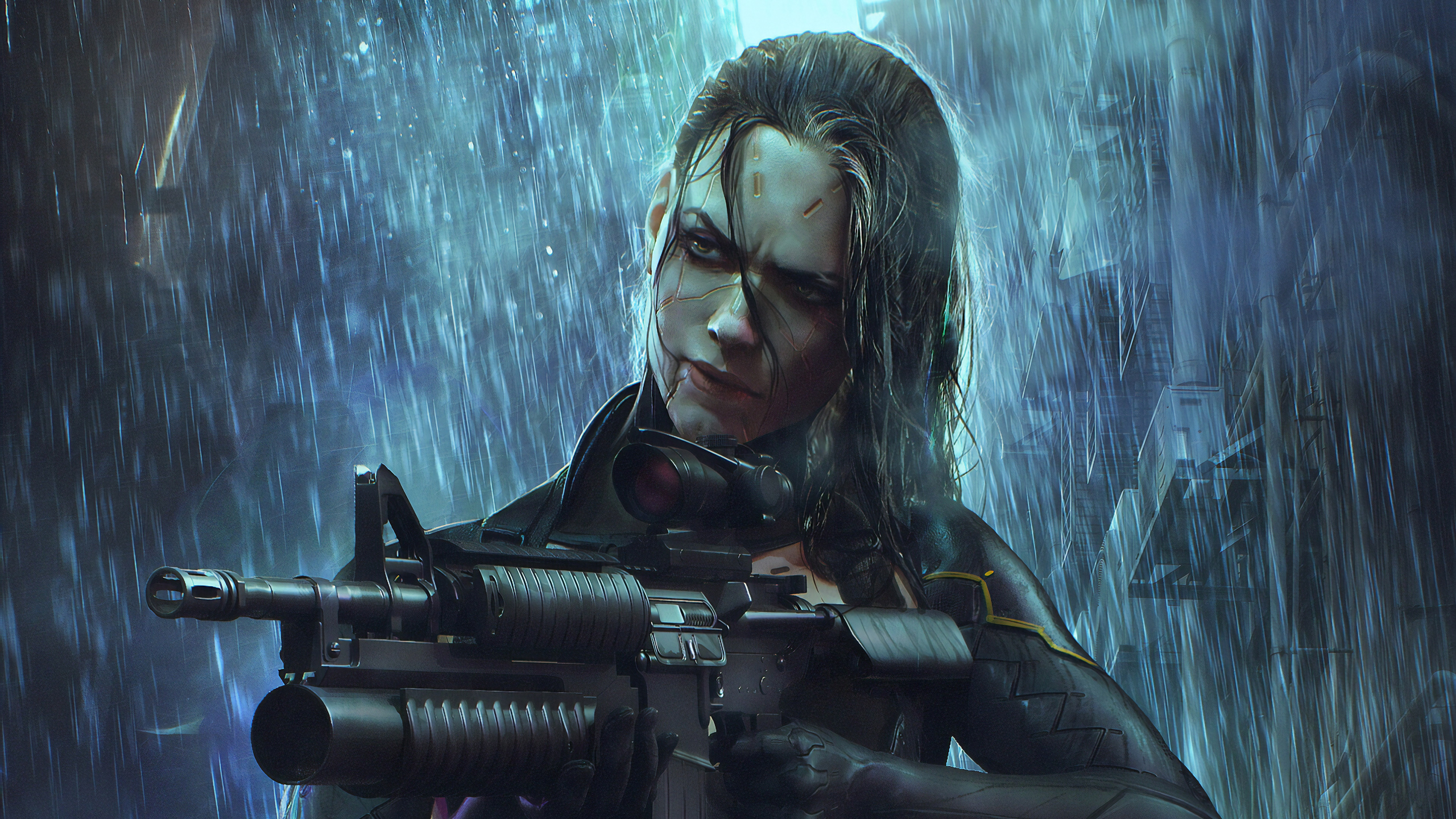 Download mobile wallpaper Rain, Weapon, Cyberpunk, Sci Fi, Woman Warrior for free.