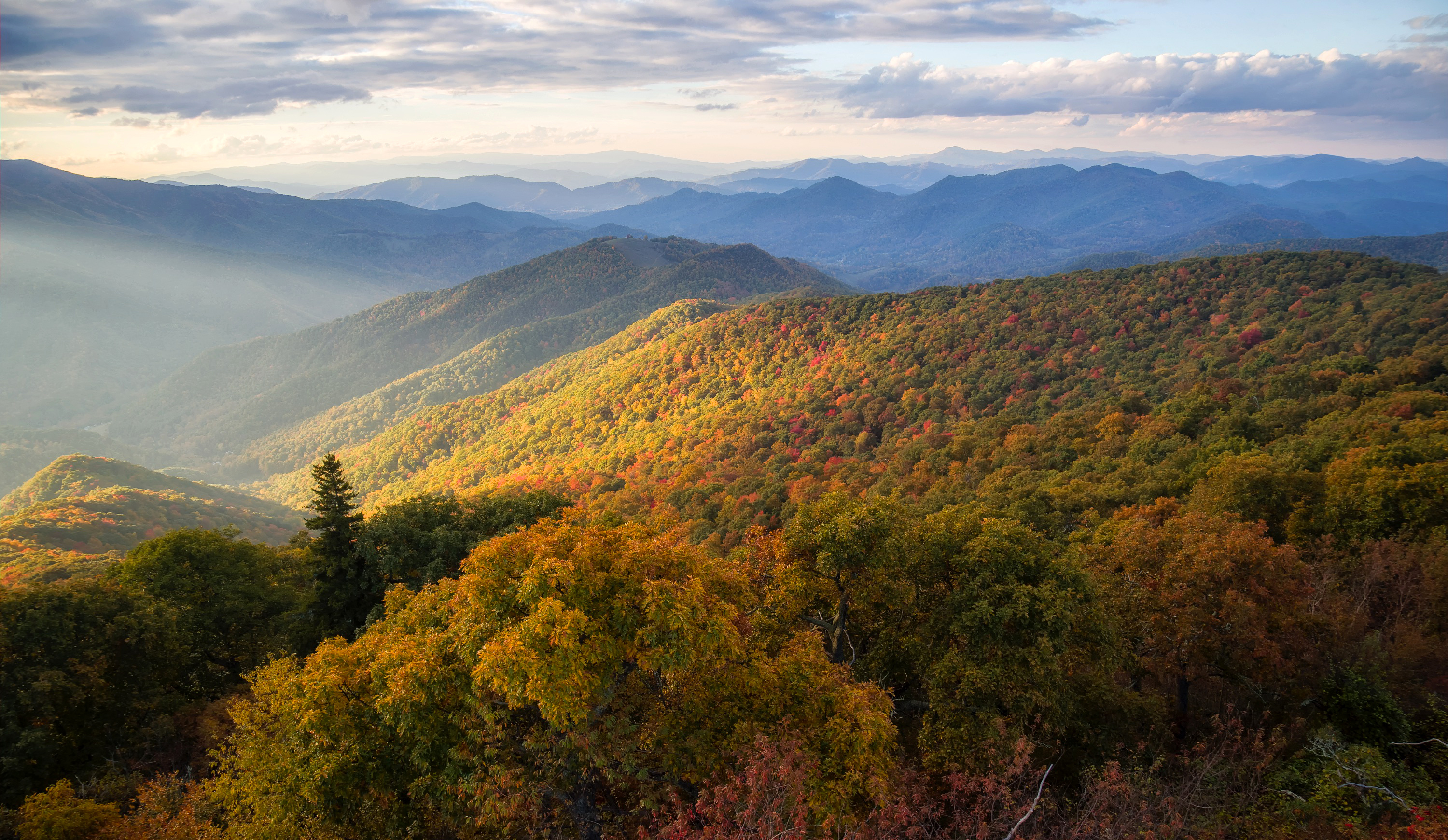 Скачать картинку Пейзаж, Осень, Гора, Лес, Панорама, Солнечный Луч, Земля/природа в телефон бесплатно.