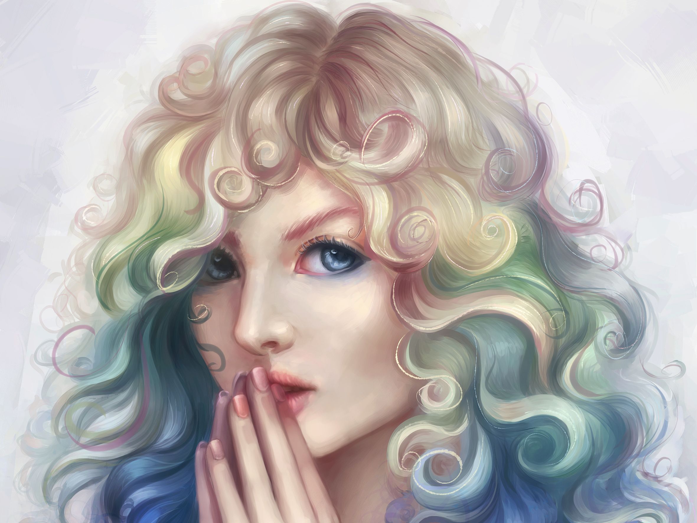 Download mobile wallpaper Close Up, Painting, Artistic, Curl, Blue Eyes for free.