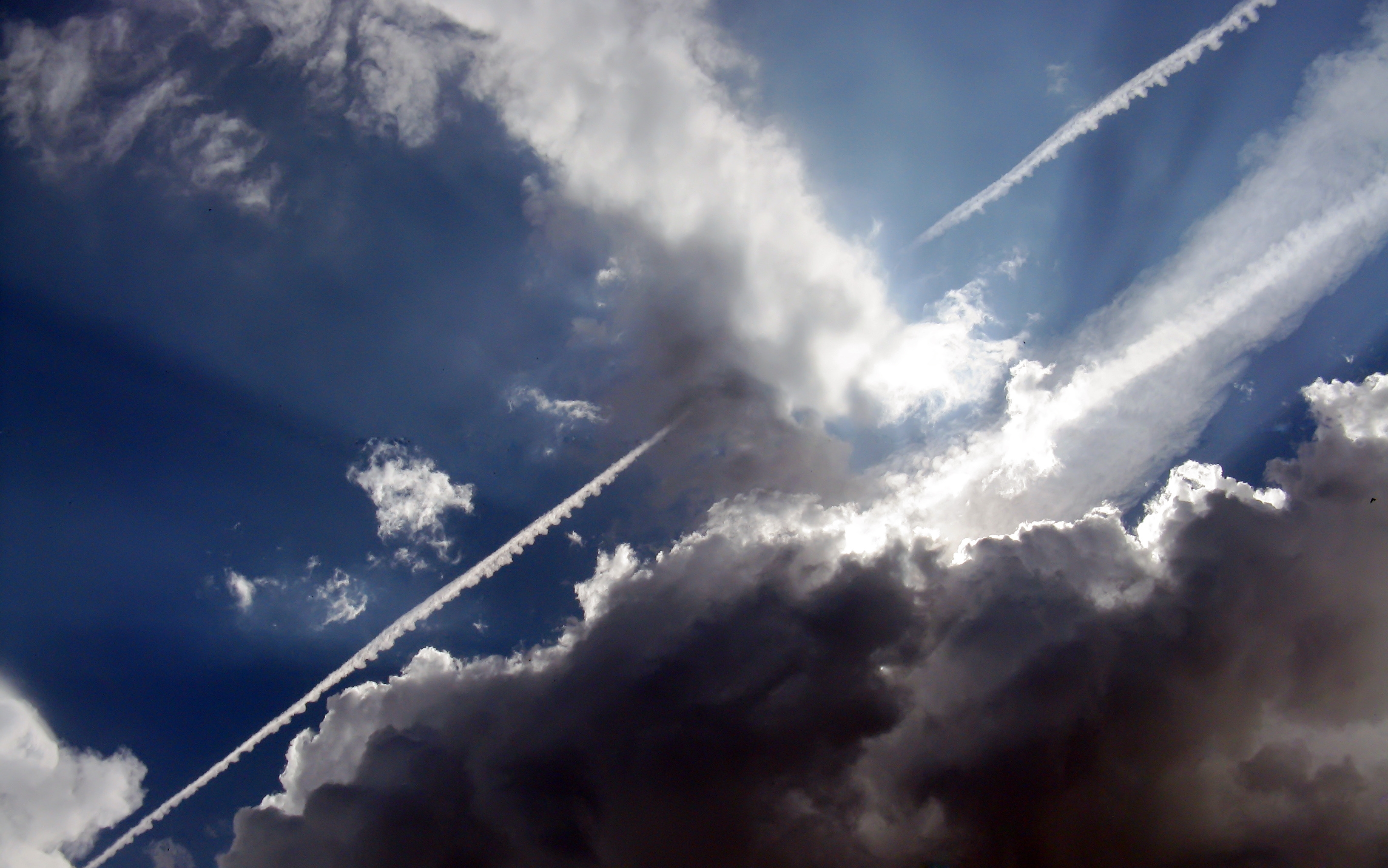 clouds, nature, sky, plane, airplane, line, track, trace, band, stripe UHD