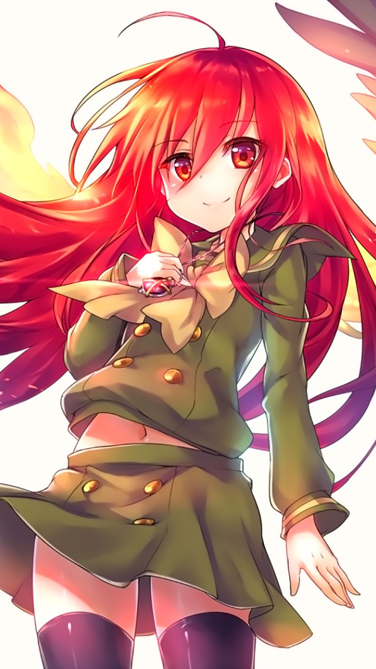 Download mobile wallpaper Anime, Smile, Wings, Skirt, Necklace, Long Hair, Red Hair, Thigh Highs, Shakugan No Shana, Shana (Shakugan No Shana) for free.